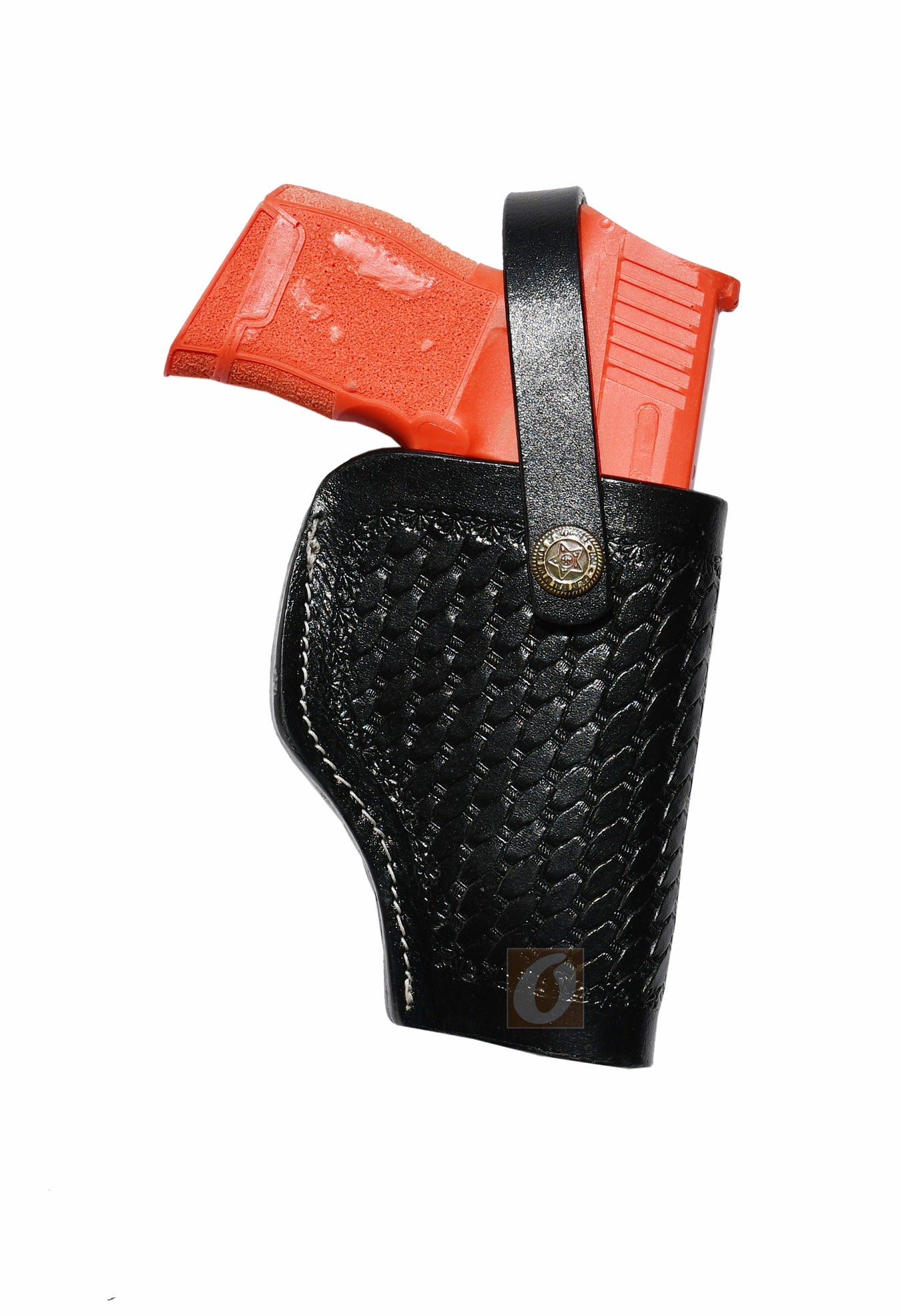 Black leather Glock holster, right handed, featuring classic basket weave tooling for a rugged and durable concealed carry