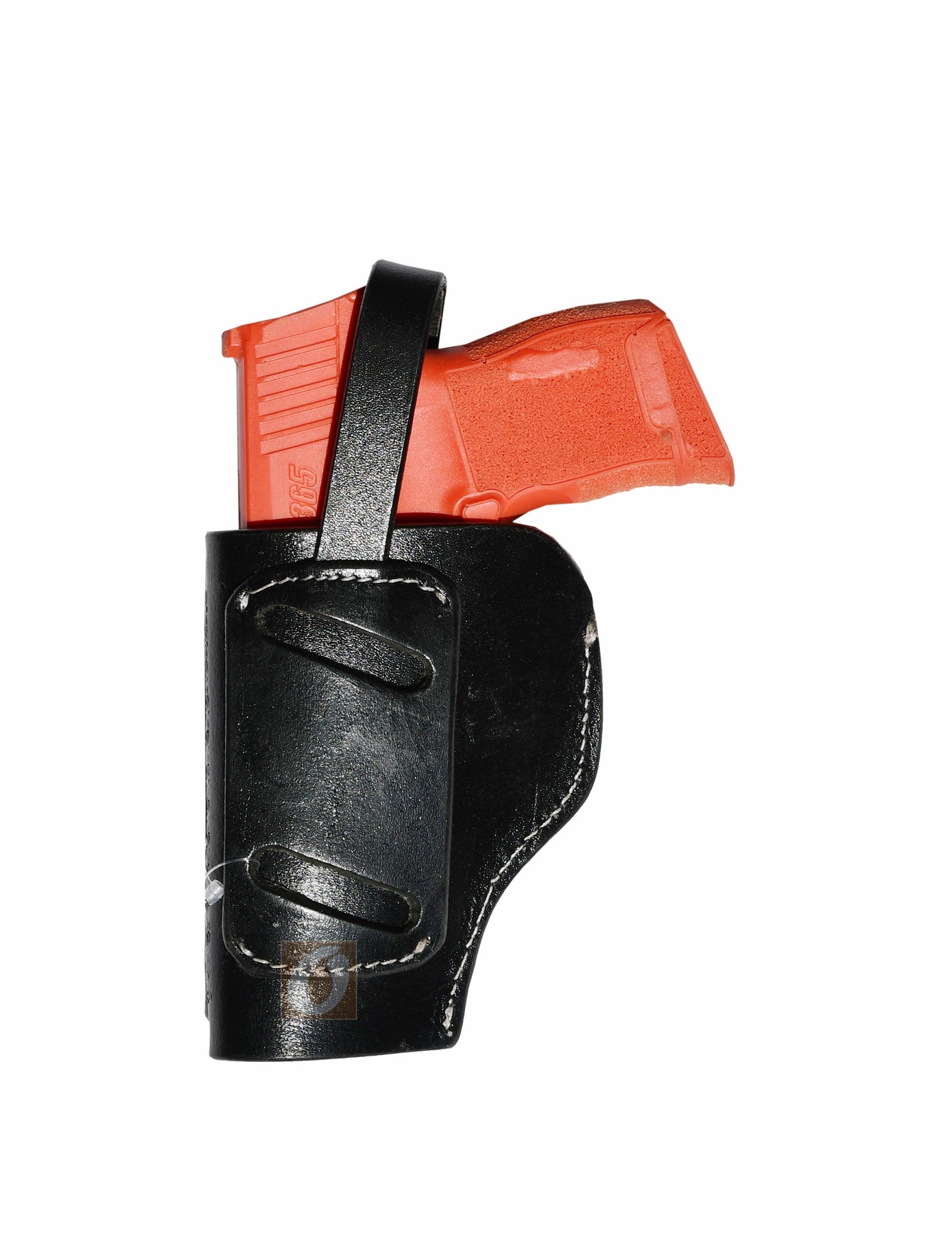 Back view of black leather Glock holster, right handed, showing durable leather construction and secure retention features