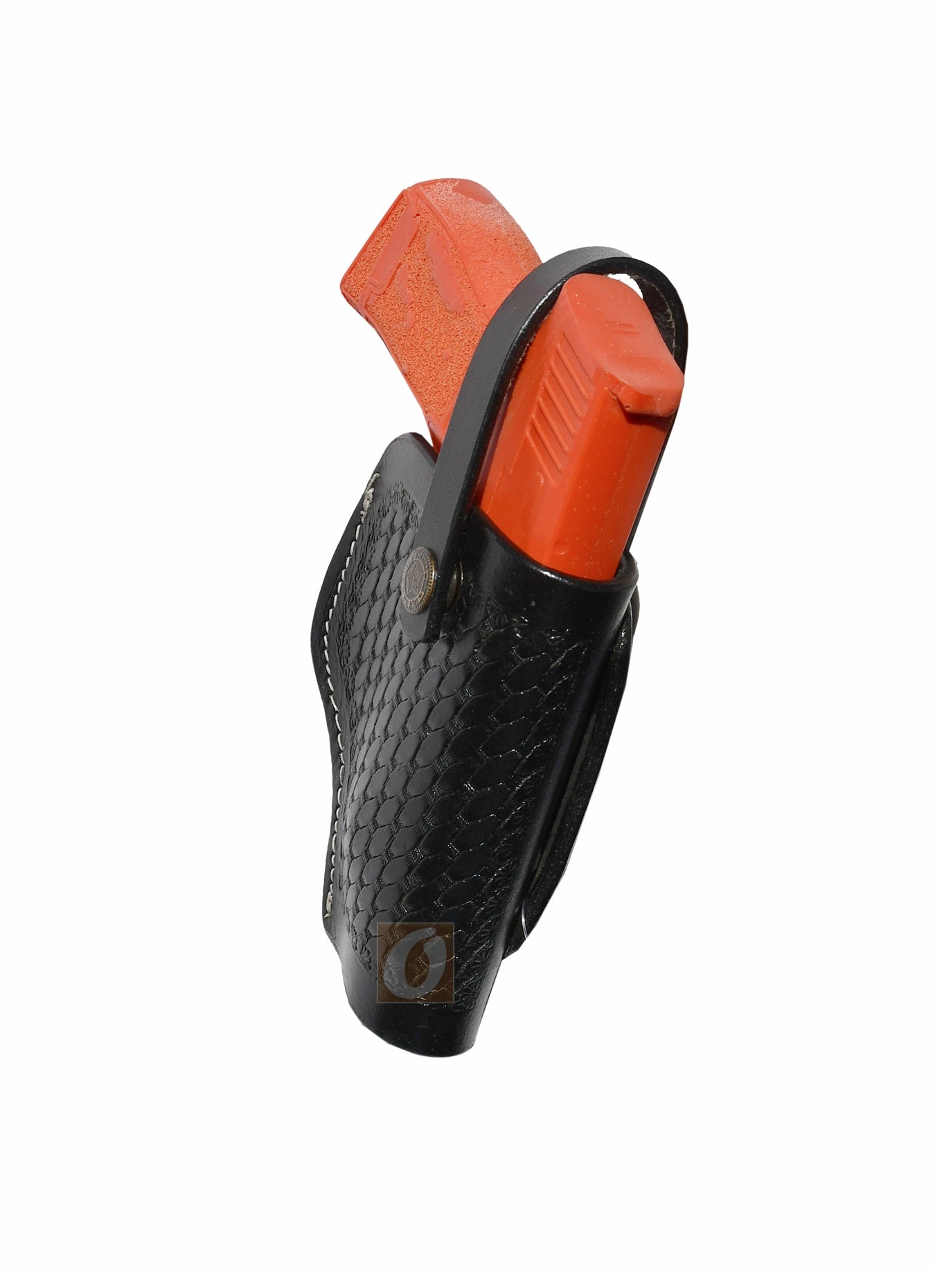 Side view of black leather Glock holster, right handed, showcasing basket weave tooling for secure and comfortable concealed carry