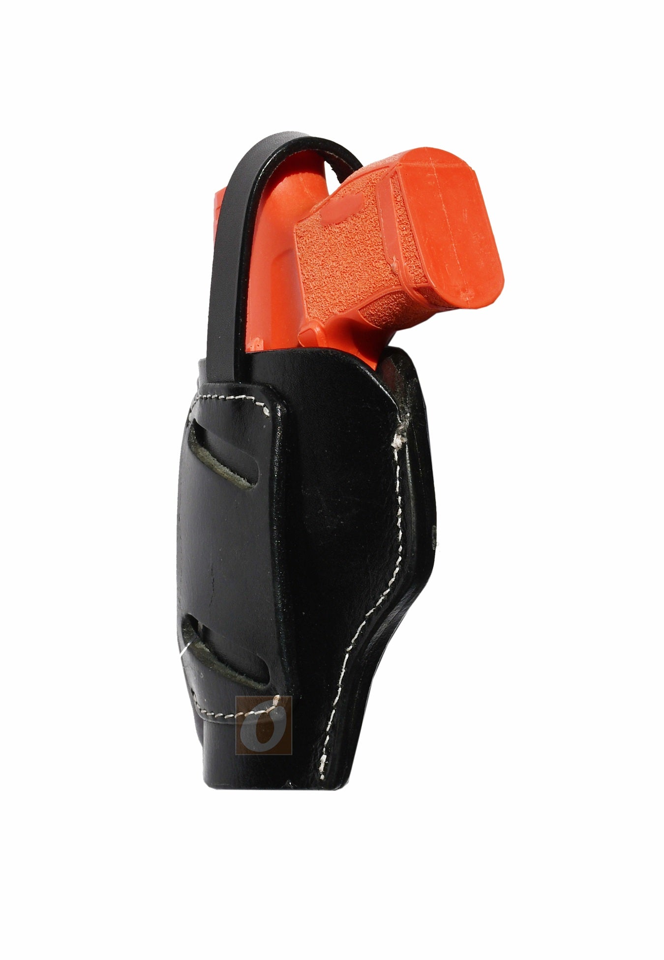 Angled view of black leather Glock holster, right handed, with intricate basket weave tooling for style and everyday durability