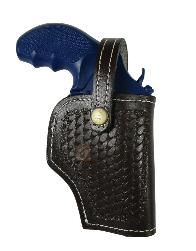 leather holster for S&W Model 60 brown color right hand basket tooled front view