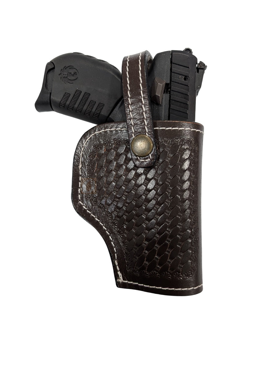SR 22LR leather holster brown color front view basket weave tooled