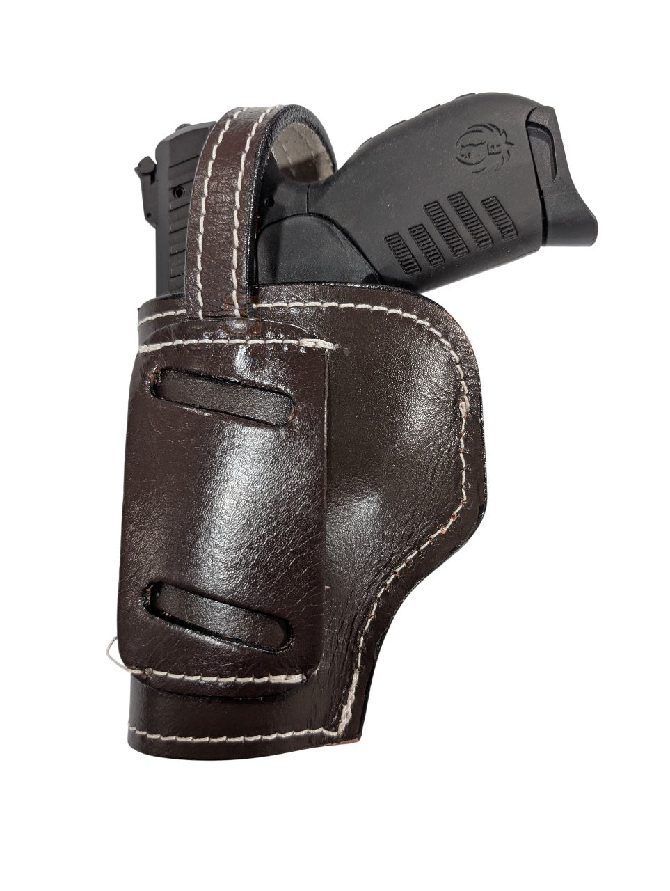 SR 22LR leather holster brown color back view basket weave tooled
