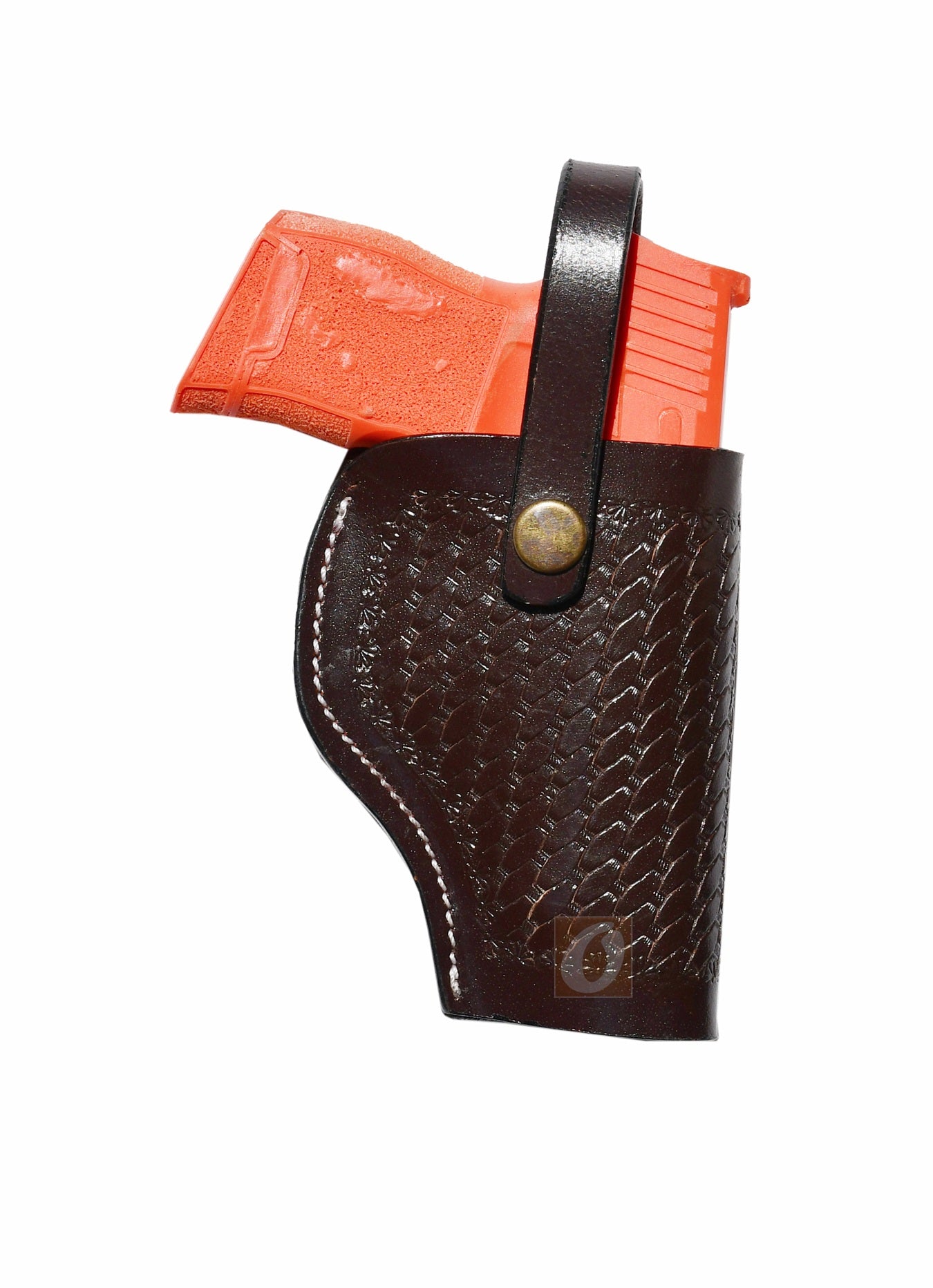 Brown leather Glock holster, right handed, with classic basket weave tooling for a custom and secure concealed carry holster