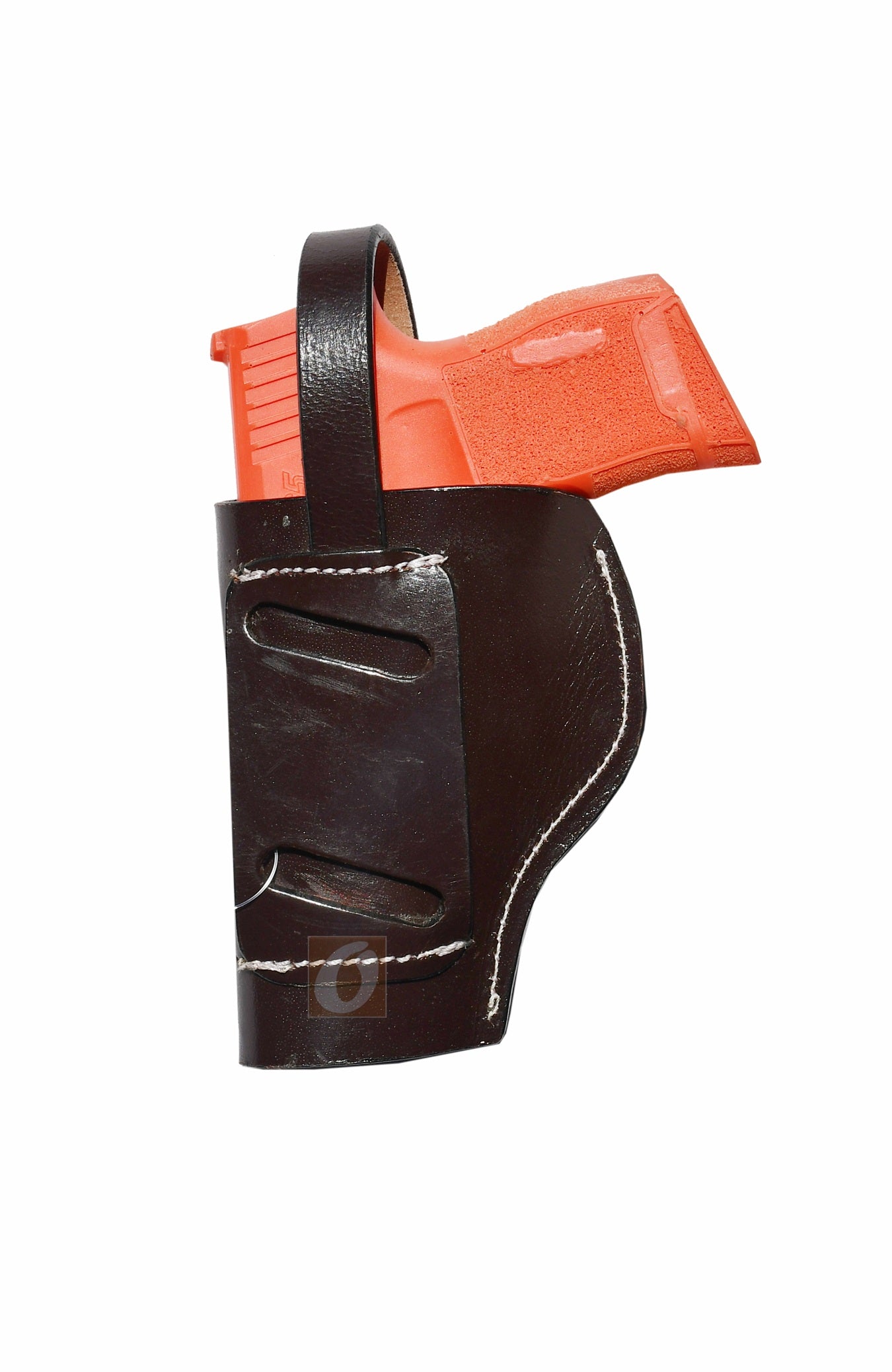 Back view of brown leather Glock holster, right handed, displaying fine craftsmanship and a secure retention system for concealed carry