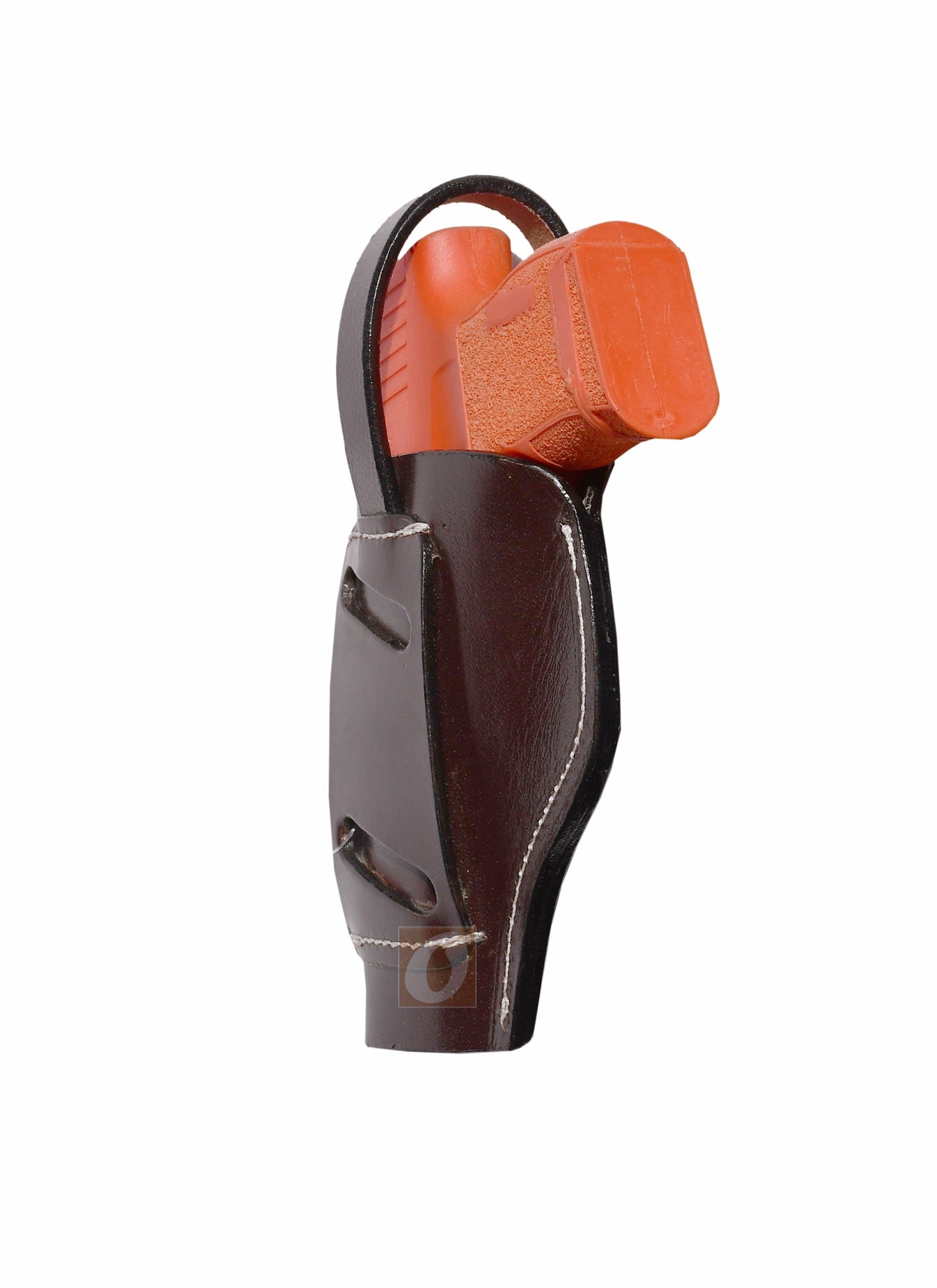 Side view of brown leather Glock holster, right handed, showcasing basket weave tooling for a smooth and comfortable fit