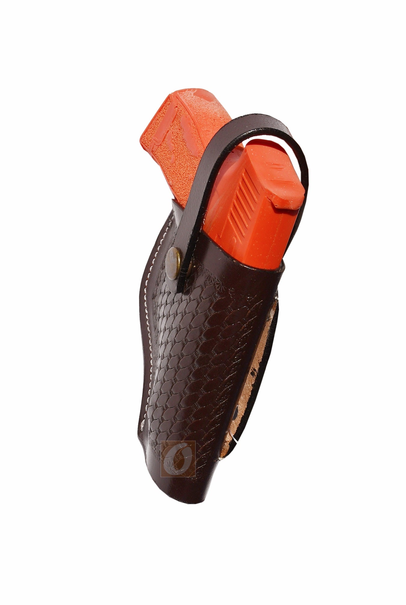 Angled view of brown leather Glock holster, right handed, with durable basket weave tooling for reliable concealed carry