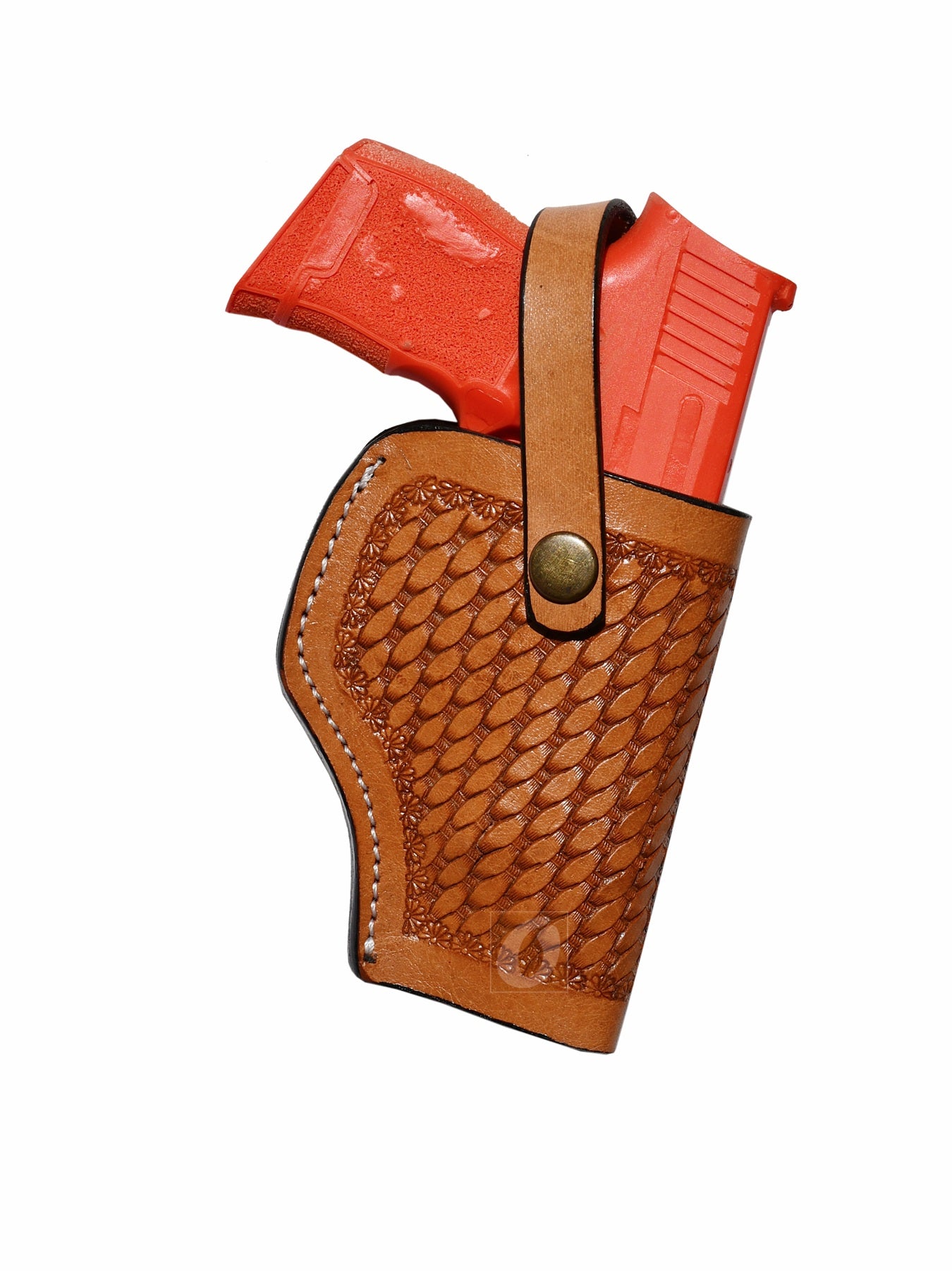 Tan leather Glock holster, right handed, with classic basket weave tooling for a rugged and durable concealed carry
