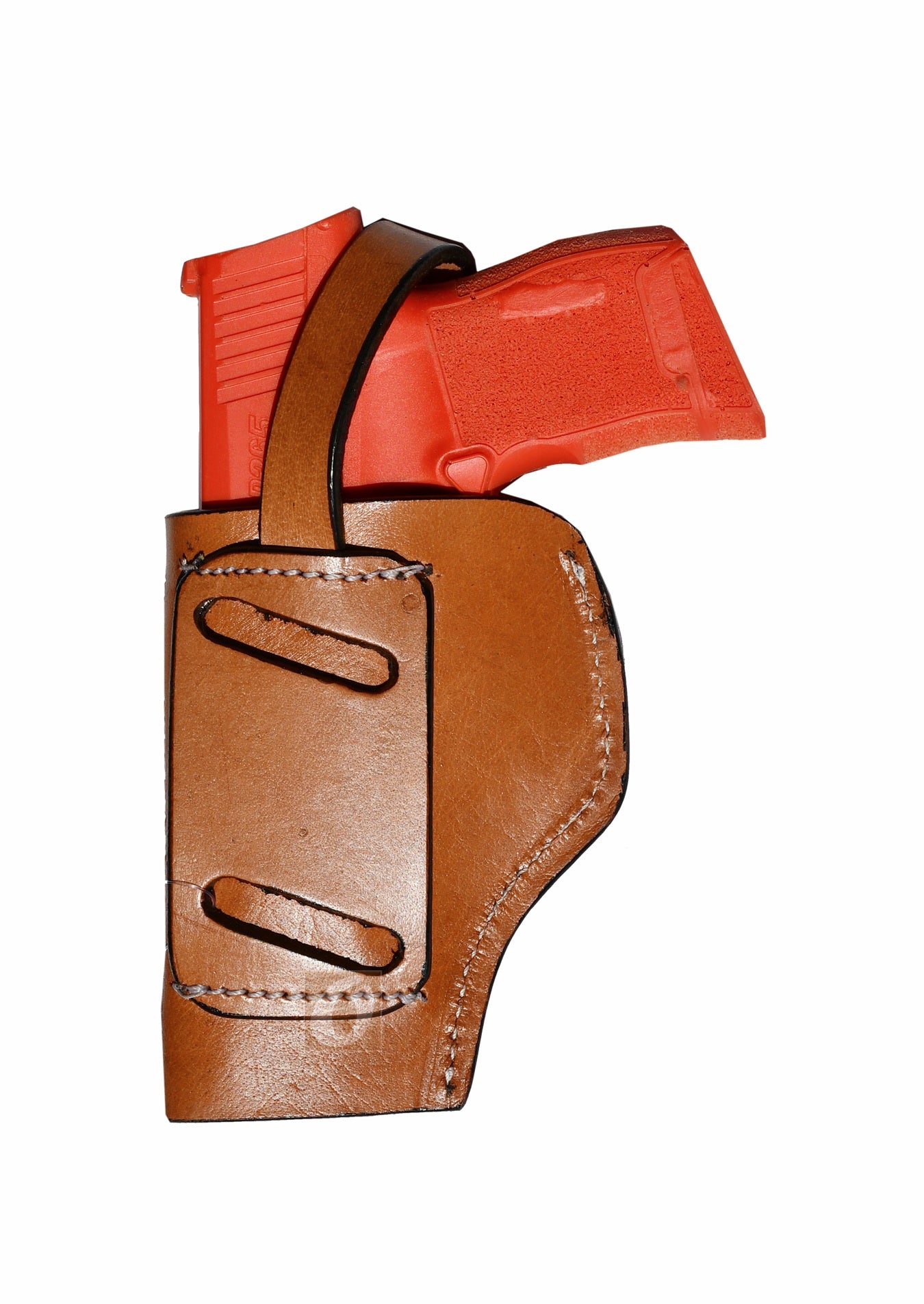 Back view of tan leather Glock holster, right handed, showing intricate leather construction and strong retention system for concealed carry