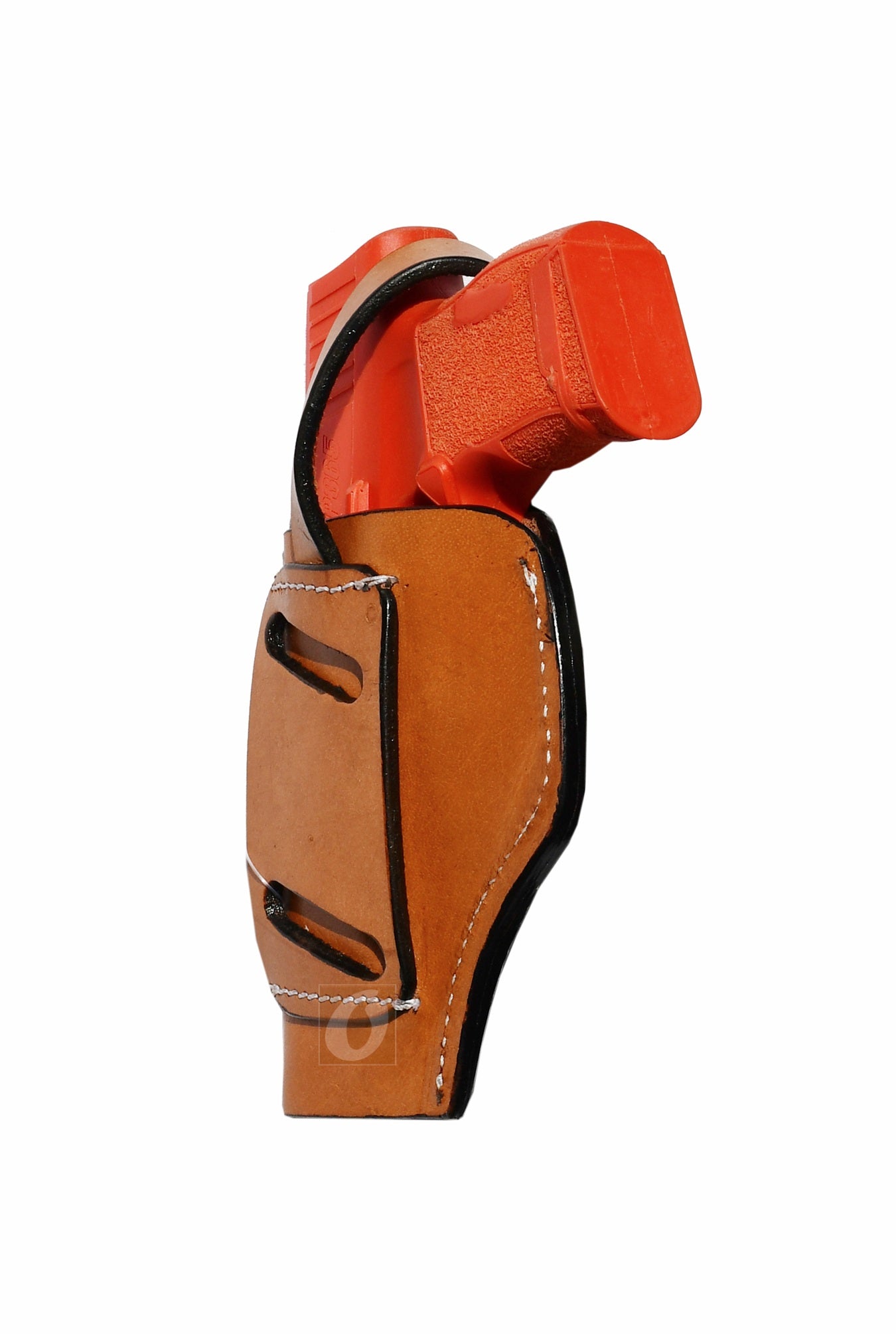 Angled view of tan leather Glock holster, right handed, with detailed basket weave tooling for a long-lasting concealed carry