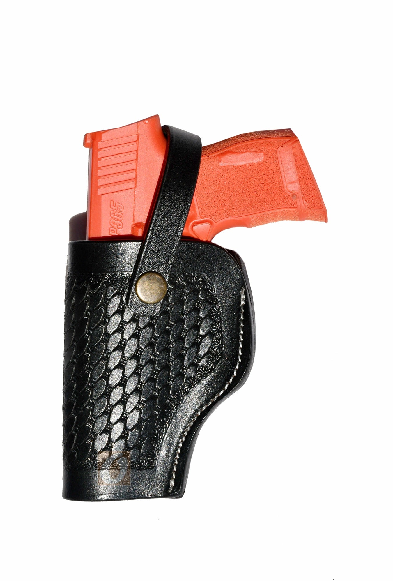 Black leather Glock holster, left handed, with basket weave tooling design for a secure concealed carry solution