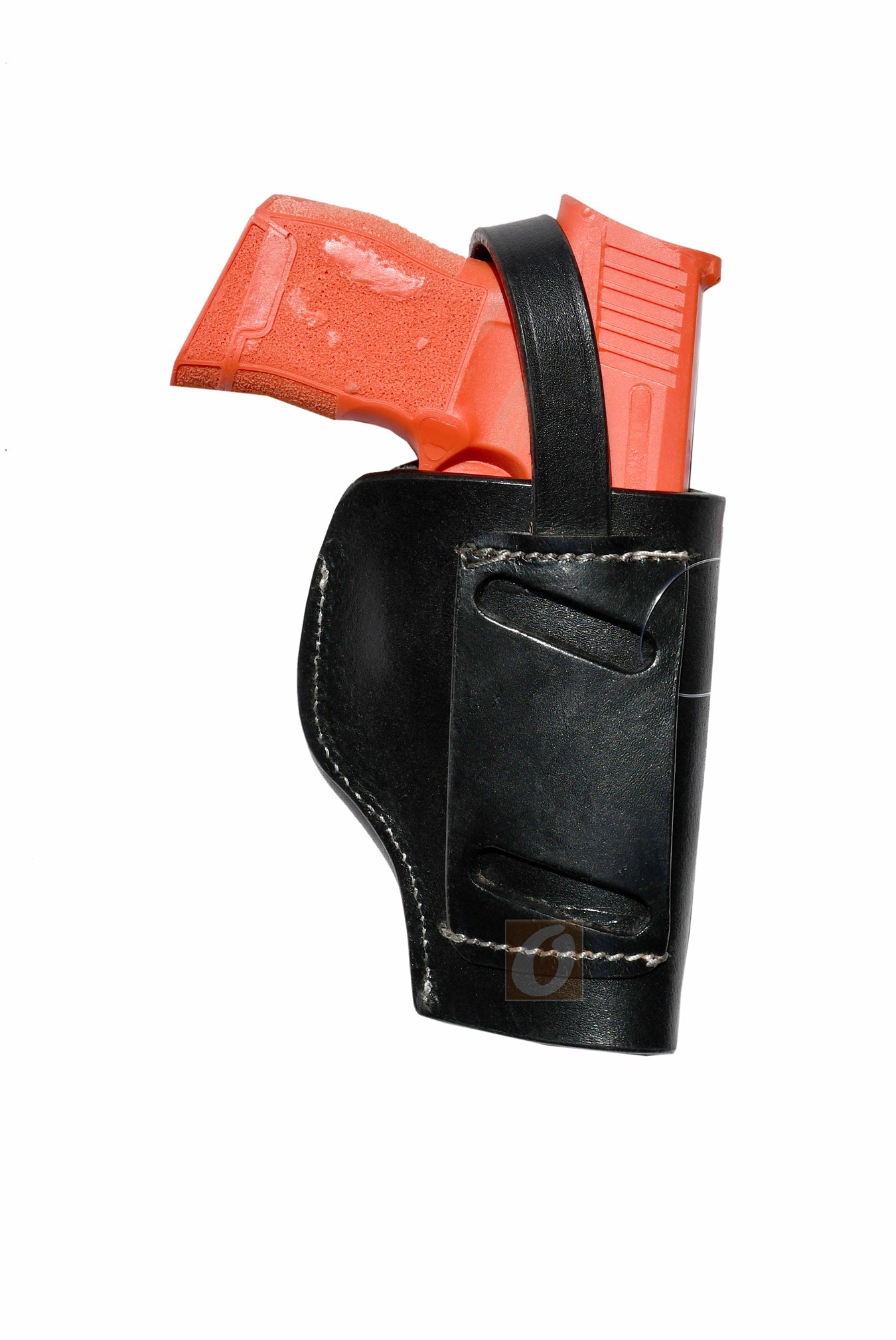 Back view of black leather Glock holster, left handed, displaying intricate leather craftsmanship and secure retention system
