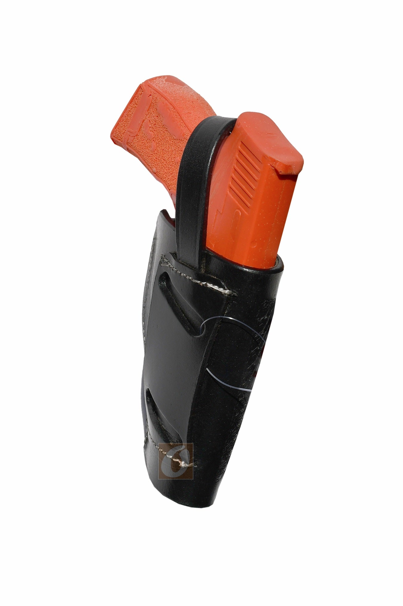 Angled view of black leather Glock holster, left handed, with basket weave tooling for both aesthetics and function