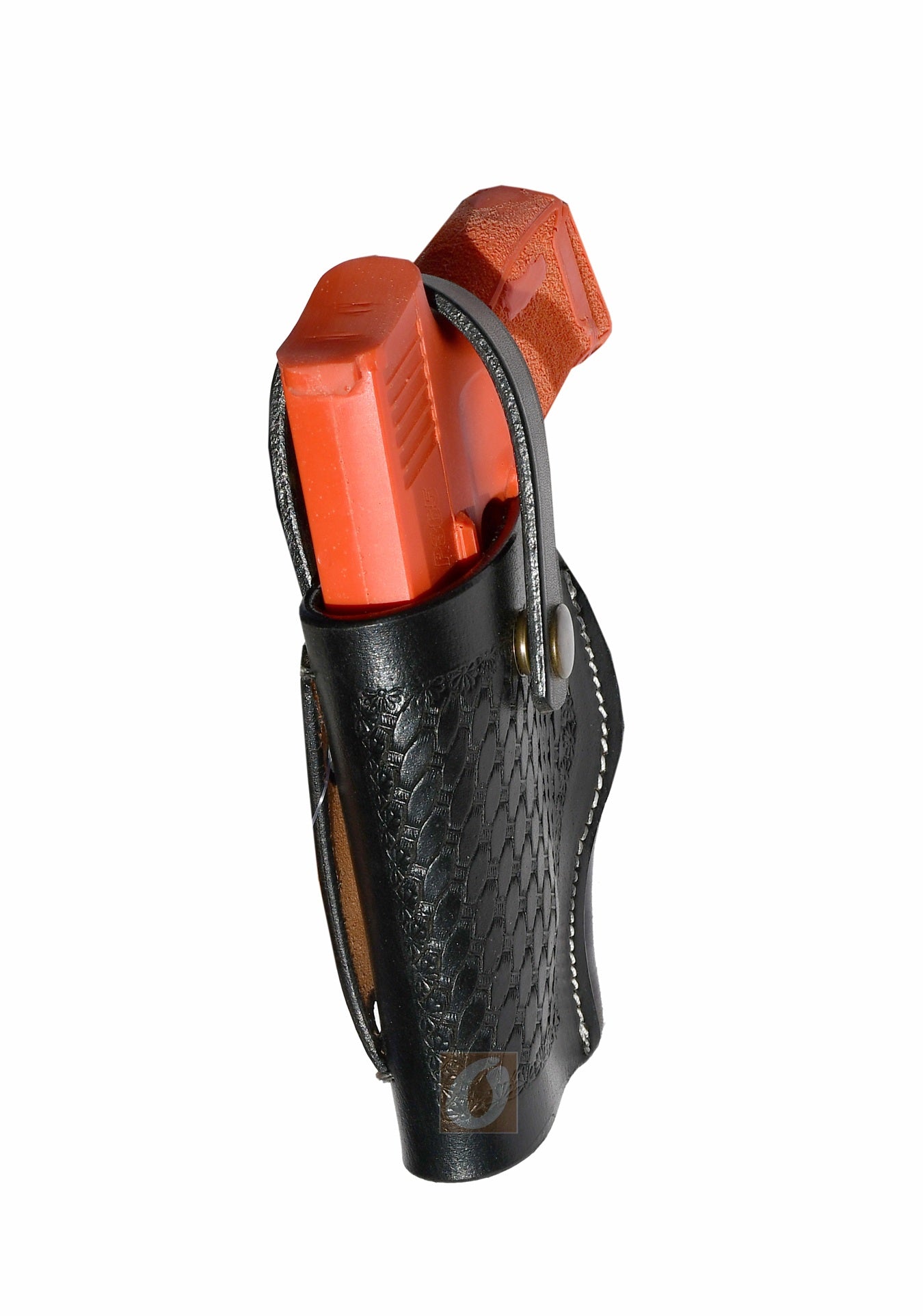 Side view of black leather Glock holster, left handed, showcasing basket weave tooling for a durable and stylish fit