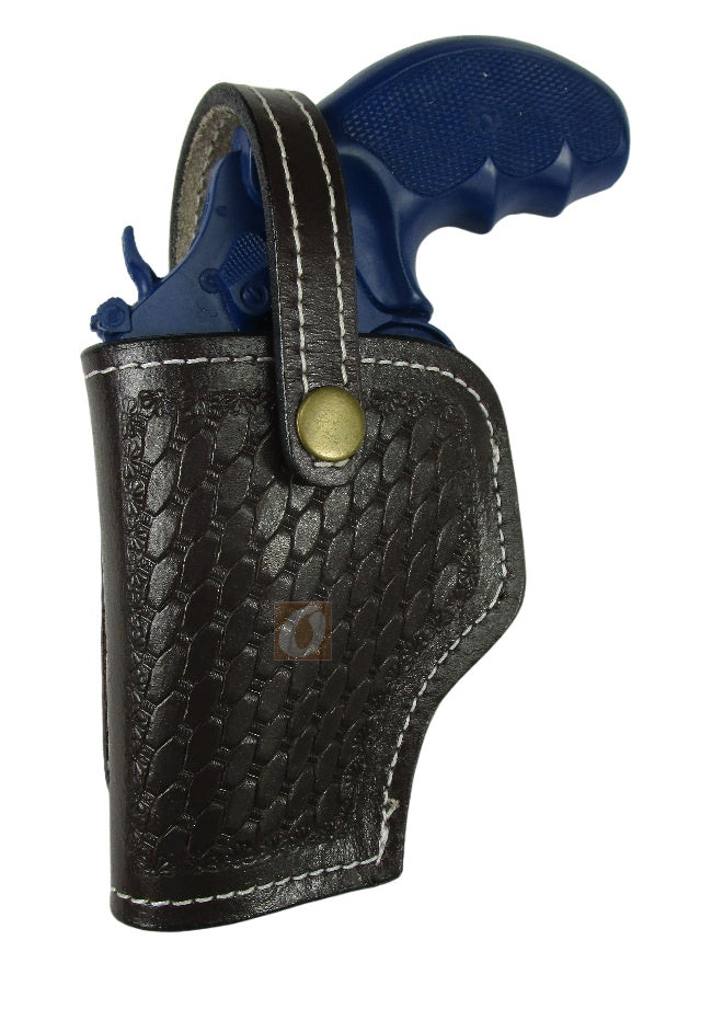 leather holster for S&W Model 60 brown color left hand basket tooled front view