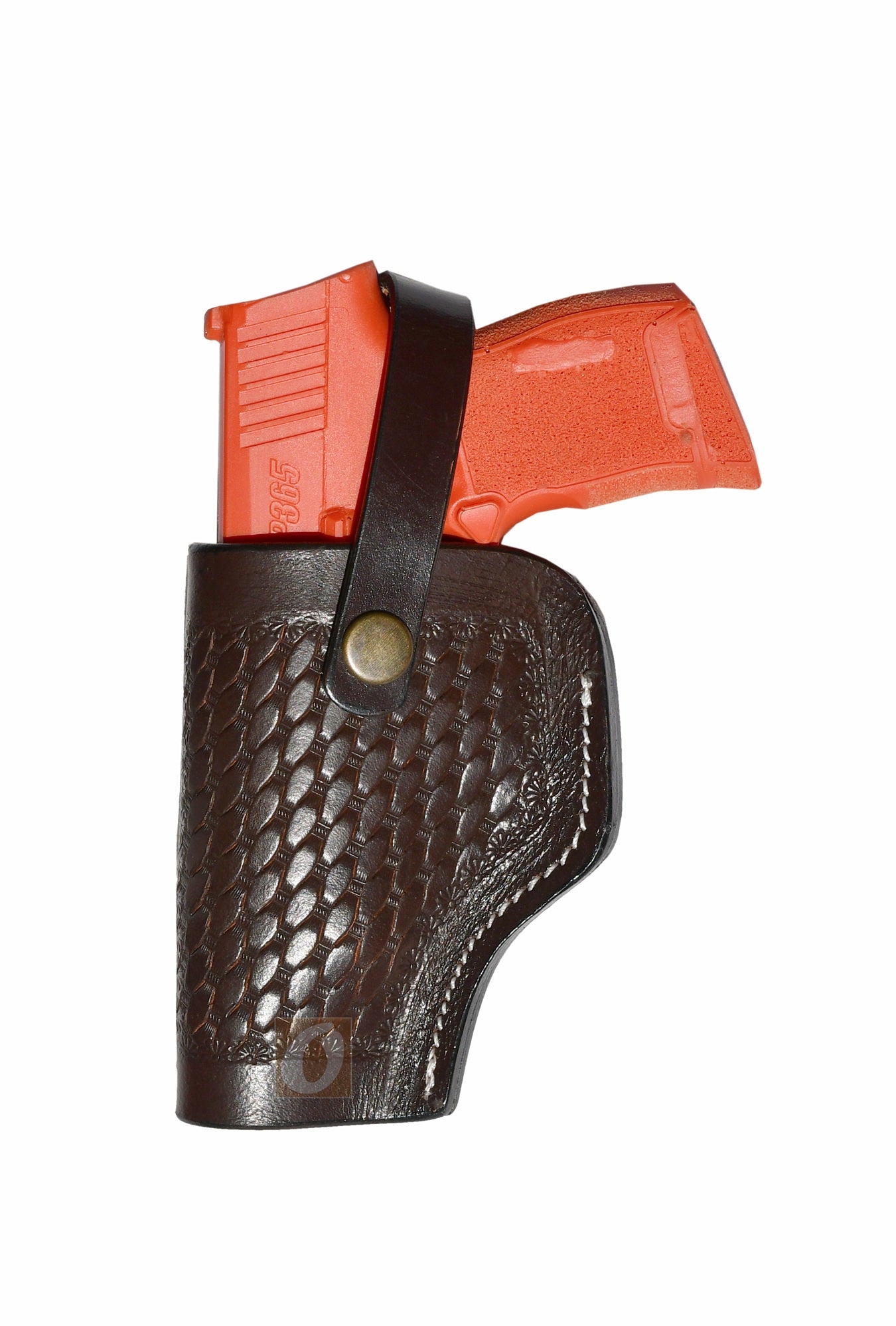 Brown leather Glock holster, left handed, featuring basket weave tooling design for a secure concealed carry solution