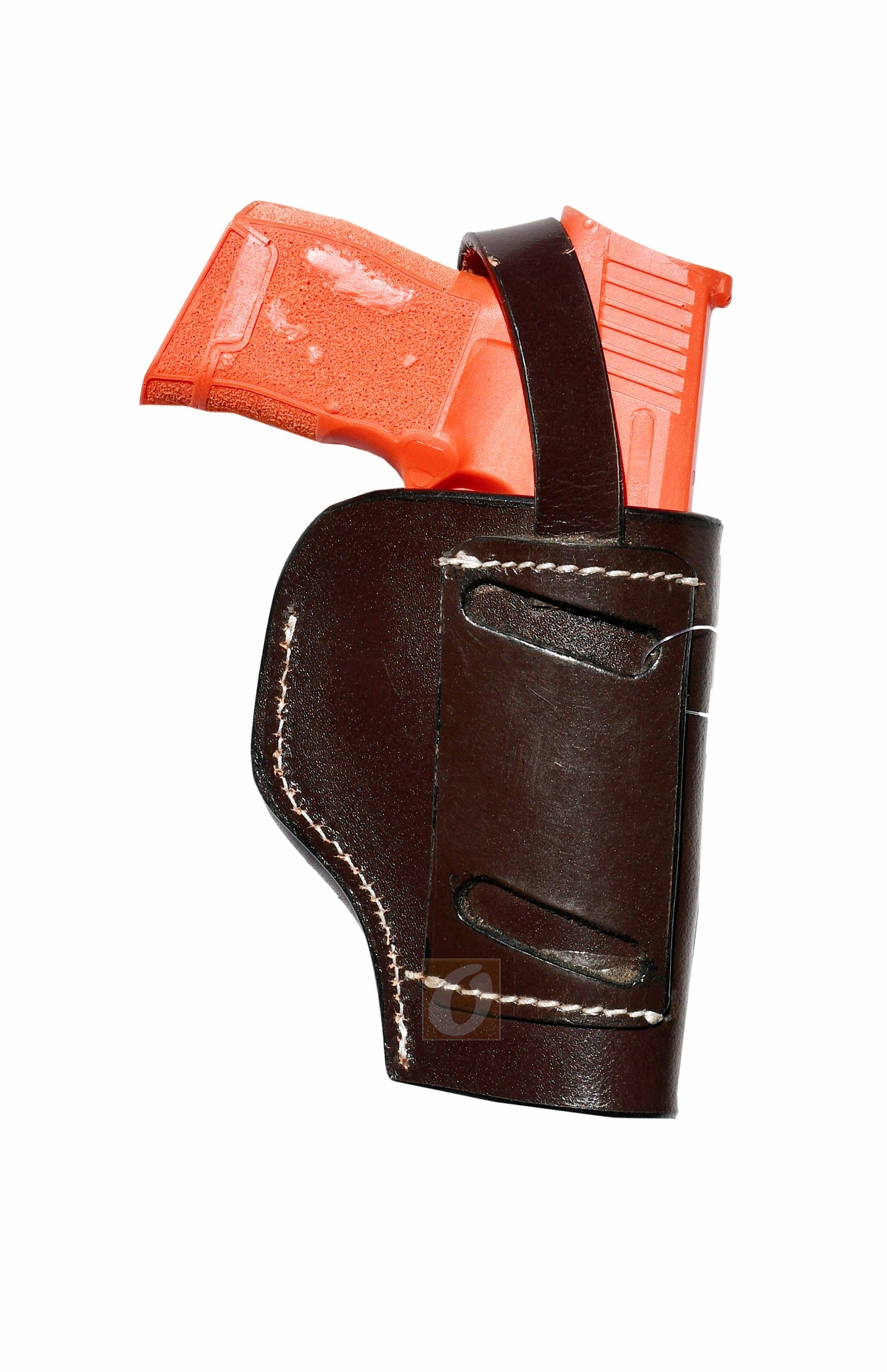 Back view of brown leather Glock holster, left handed, showing detailed basket weave tooling and secure fit for concealed carry