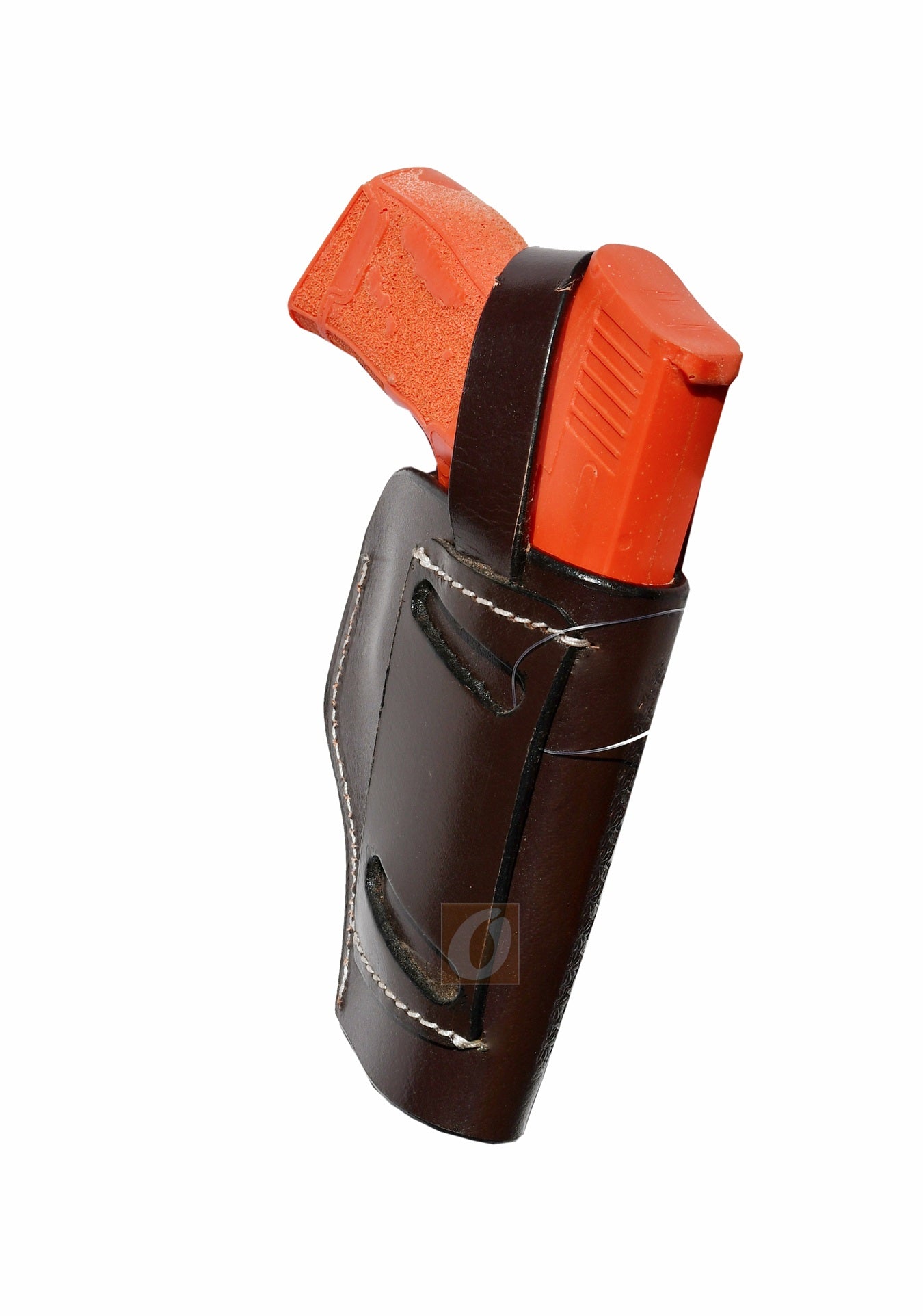 Side view of brown leather Glock holster, left handed, showcasing detailed basket weave tooling for a durable fit