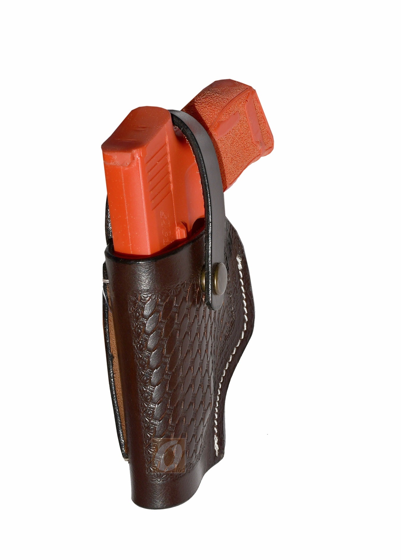 Angled view of brown leather Glock holster, left handed, with basket weave tooling for both aesthetics and function