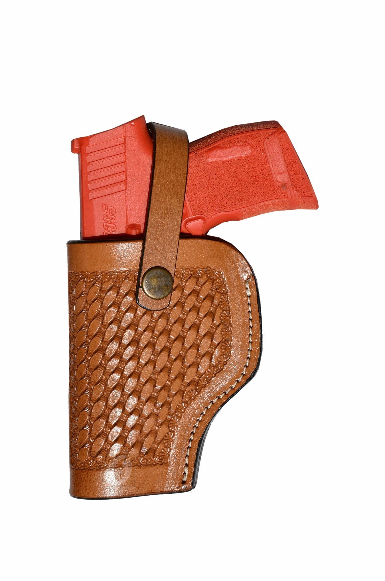 Tan leather Glock holster, left handed, featuring basket weave tooling for a durable and comfortable concealed carry solution