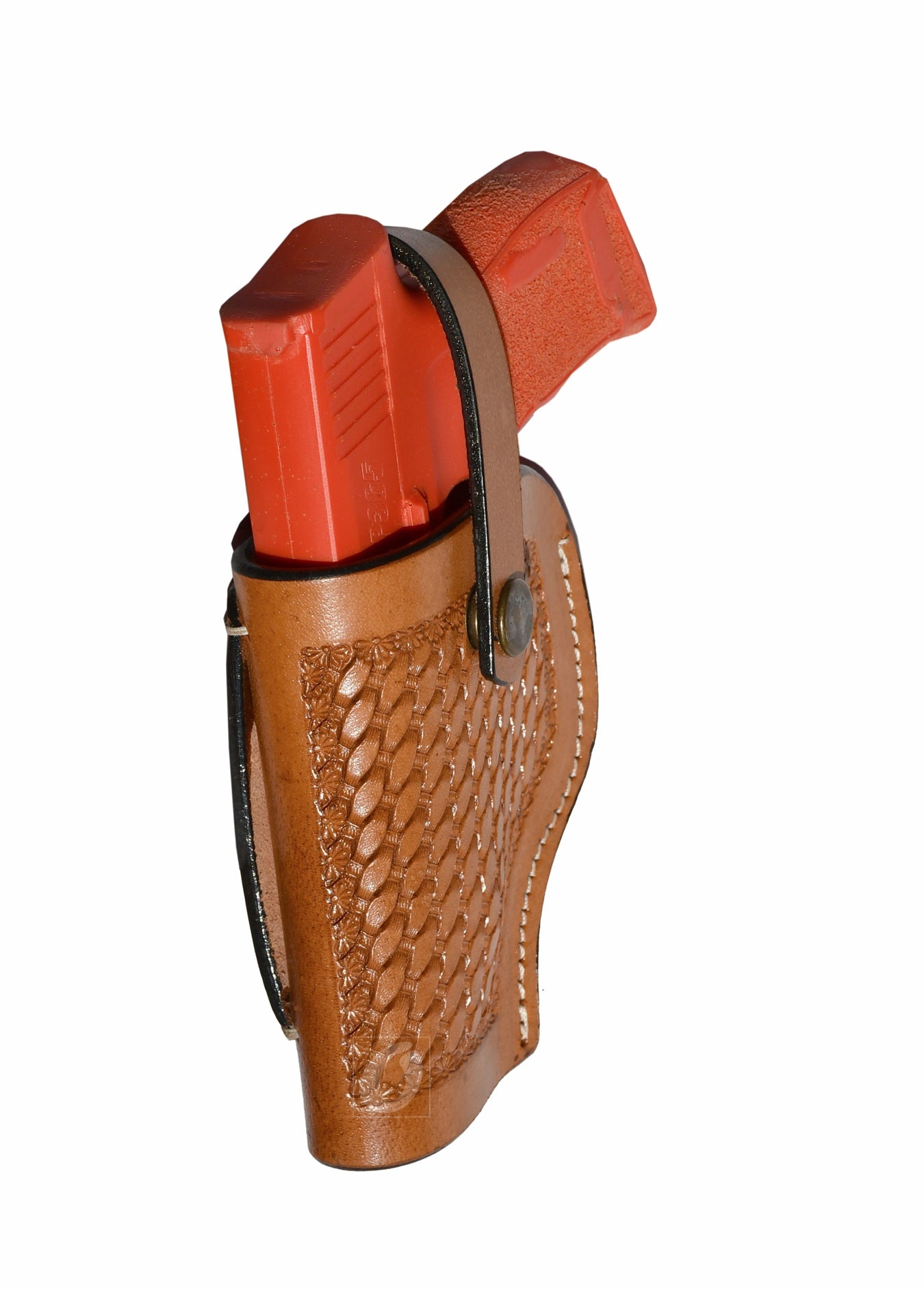 Side view of tan leather Glock holster, left handed, showcasing basket weave tooling for a custom, everyday concealed carry holster