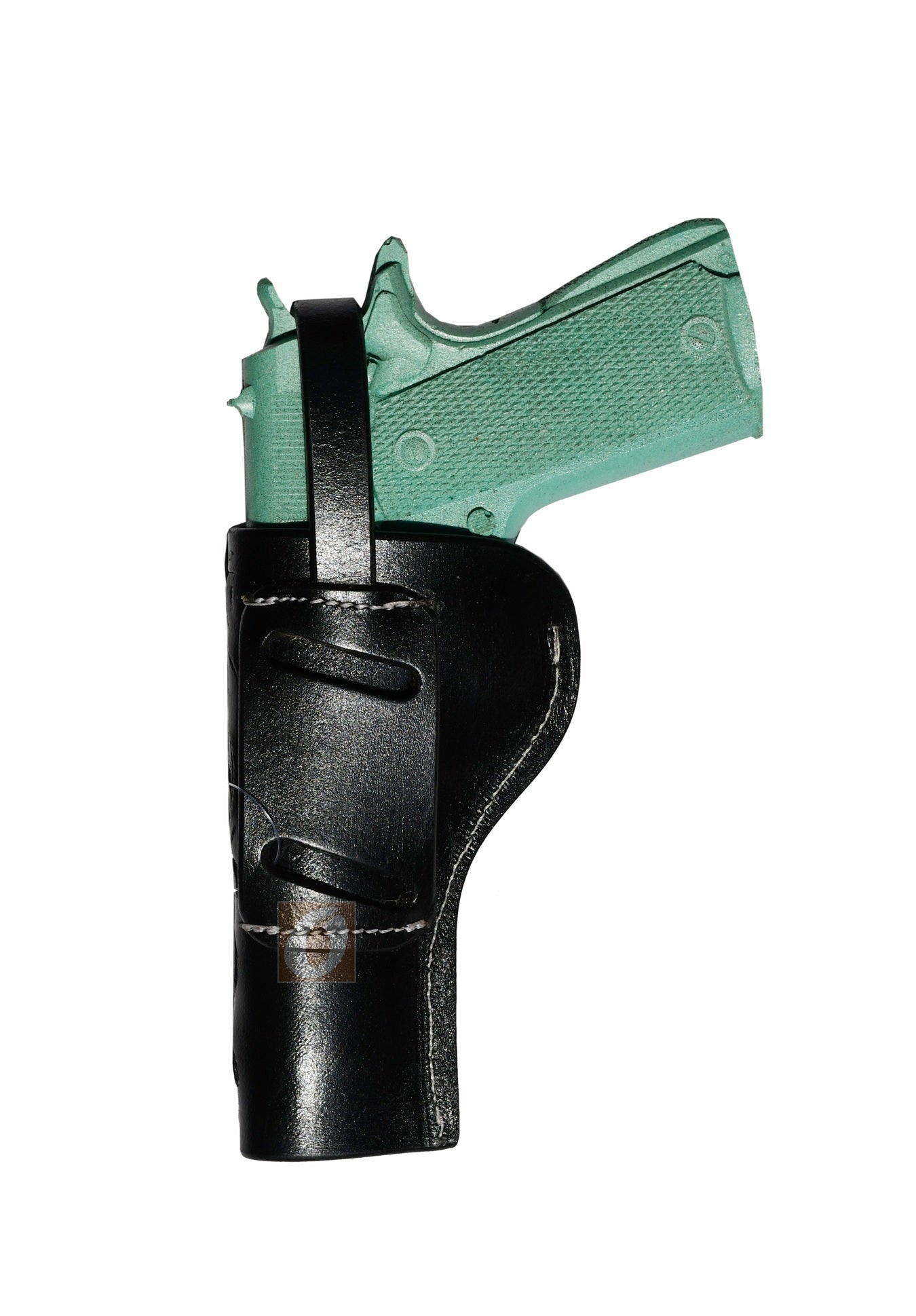 Rear view of a black custom 1911 holster with floral tooling, designed for belt carry. The premium full-grain leather ensures longevity for everyday carry.