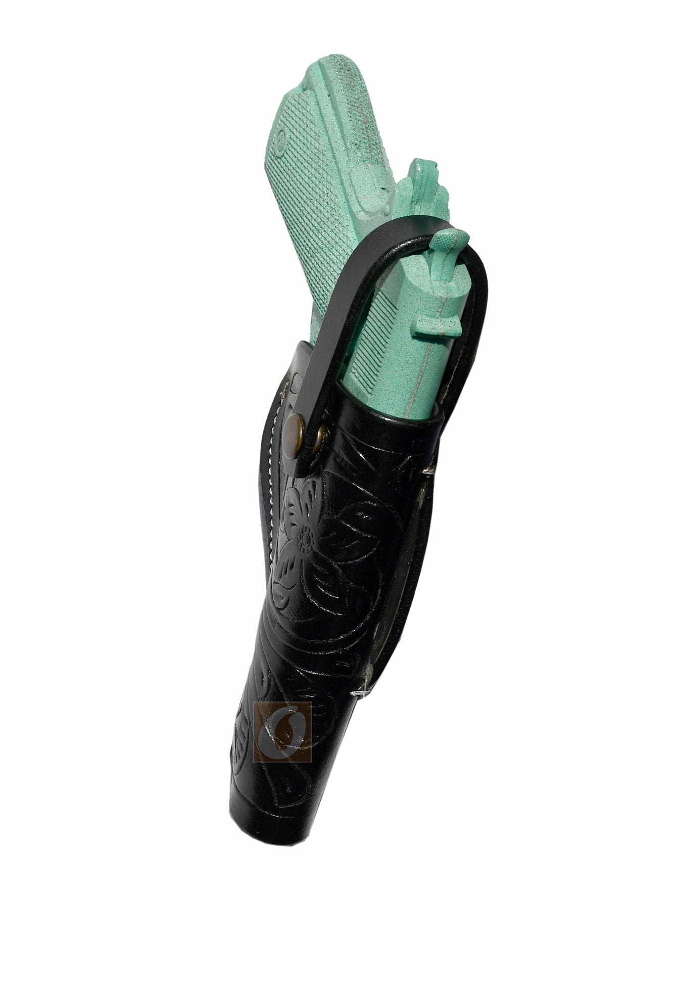 Side profile of a black outside the waistband 1911 holster (OWB), showcasing intricate tooling, reinforced stitching, and a contoured fit for a classic Western-style 1911 holster.