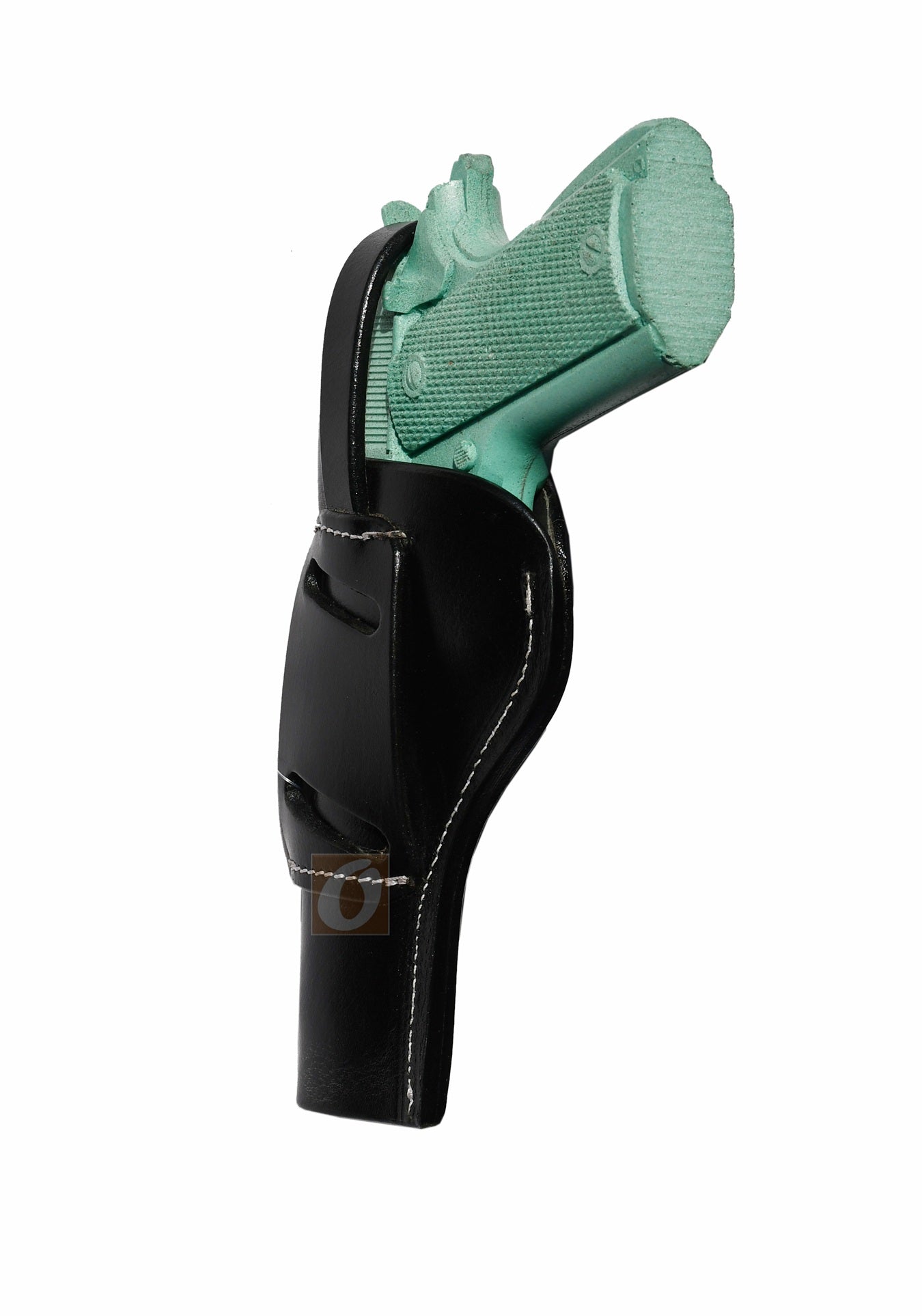 Angled view of a black handmade leather holster for 1911, featuring deep floral engraving, high-quality leather, and strong belt loops for stability.