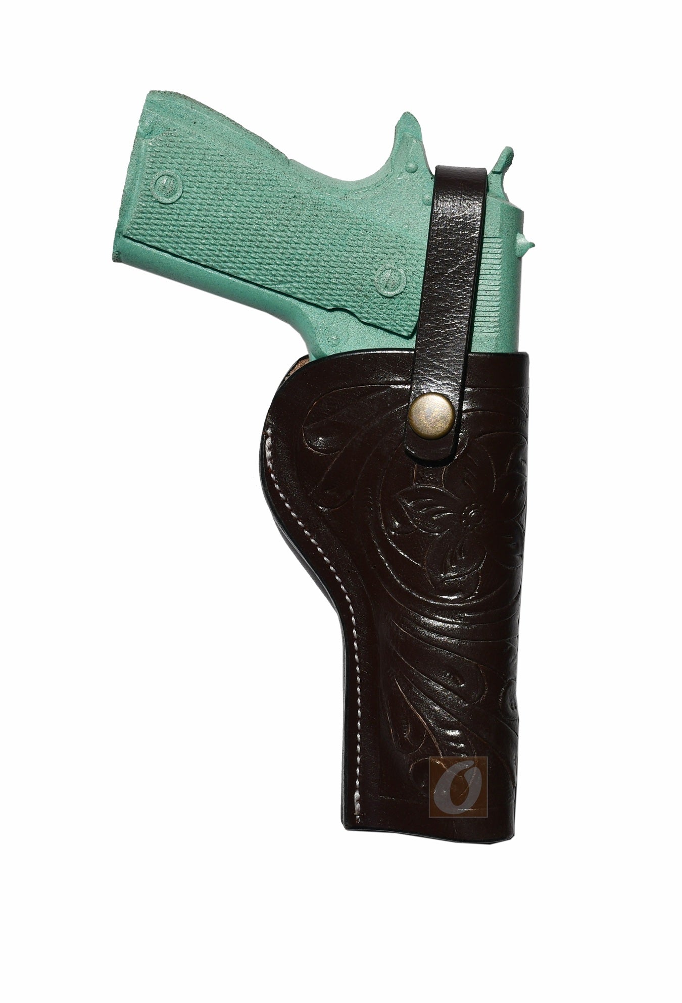 Right-handed brown leather holster for 1911, featuring Western-style floral tooling for durability and style. Perfect for concealed carry or OWB use.