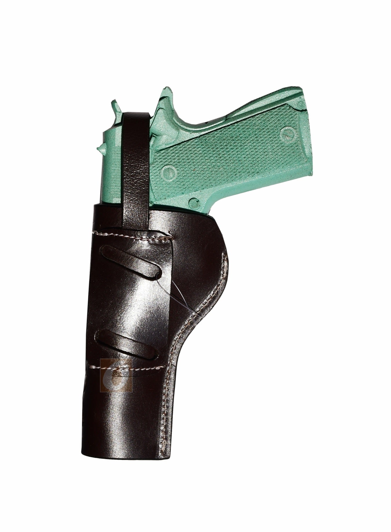 Rear view of a right-hand OWB 1911 holster in brown leather, built with reinforced belt slots for long-lasting wear.