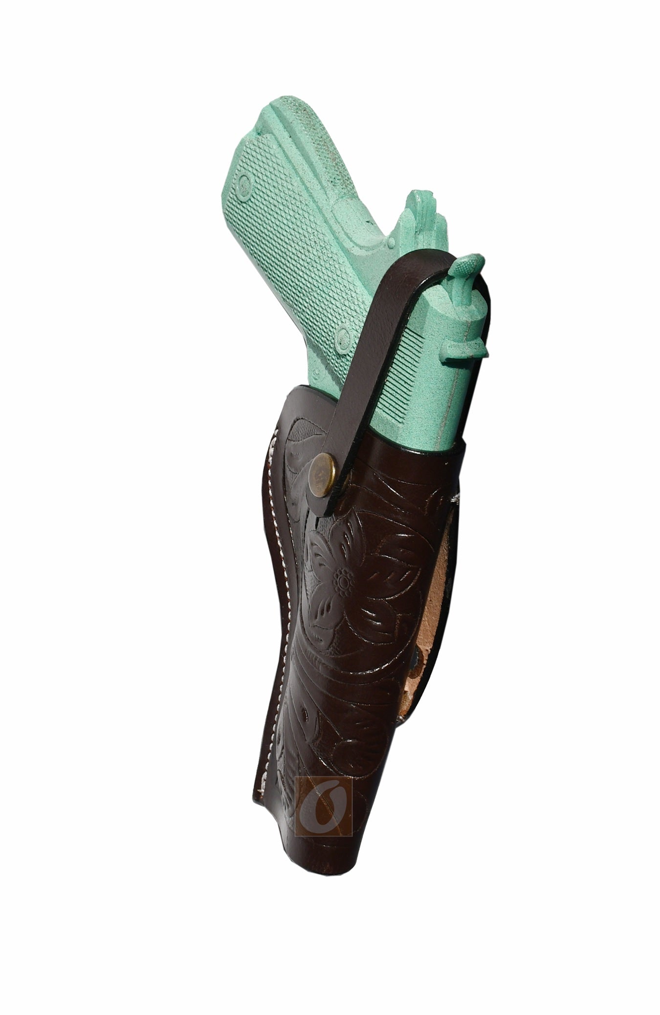Angled shot of a brown OWB 1911 holster with deep leather tooling, designed for open carry with classic craftsmanship.