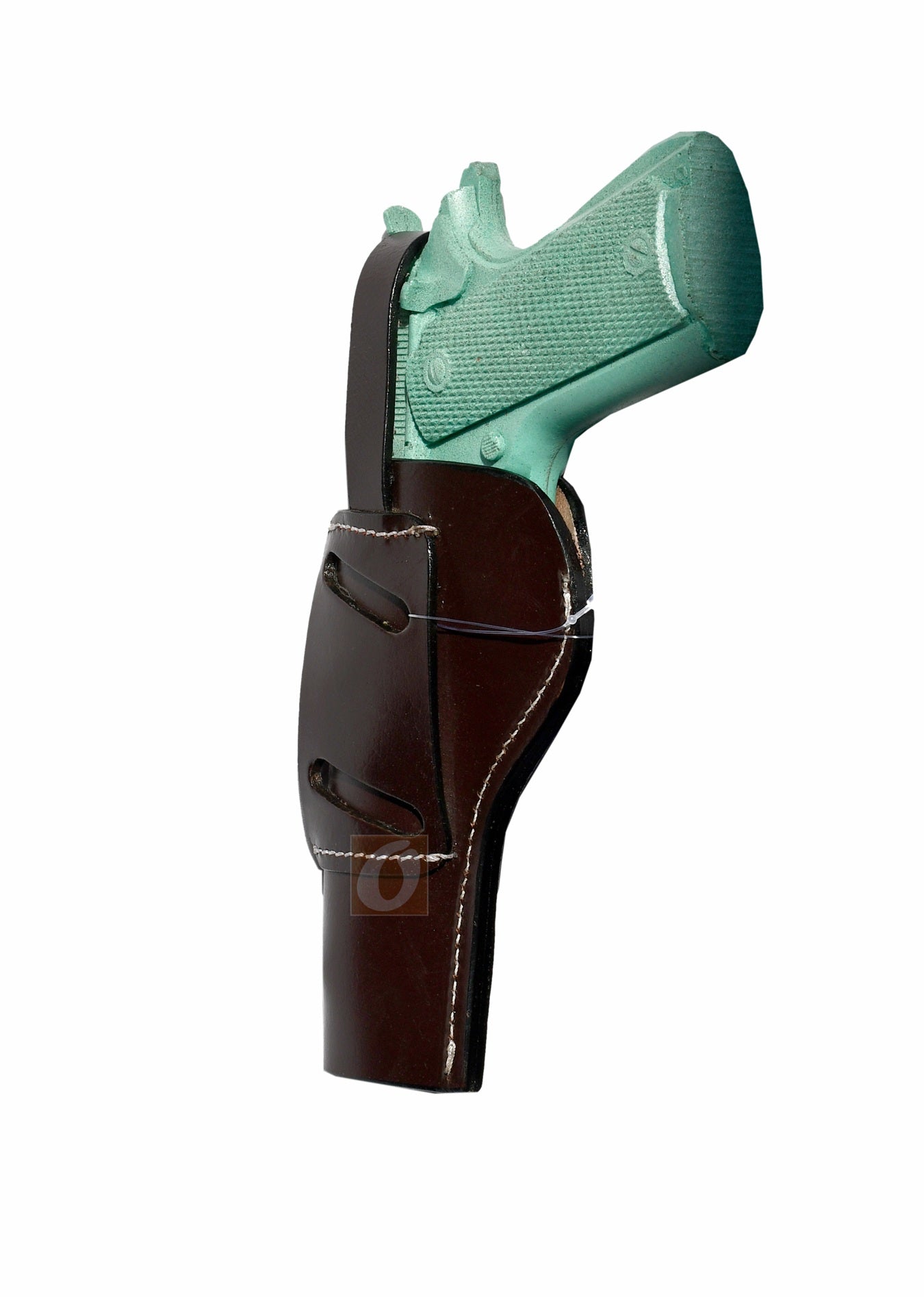 Angled view of a Western-style 1911 holster, crafted from premium full-grain leather with a secure belt attachment.