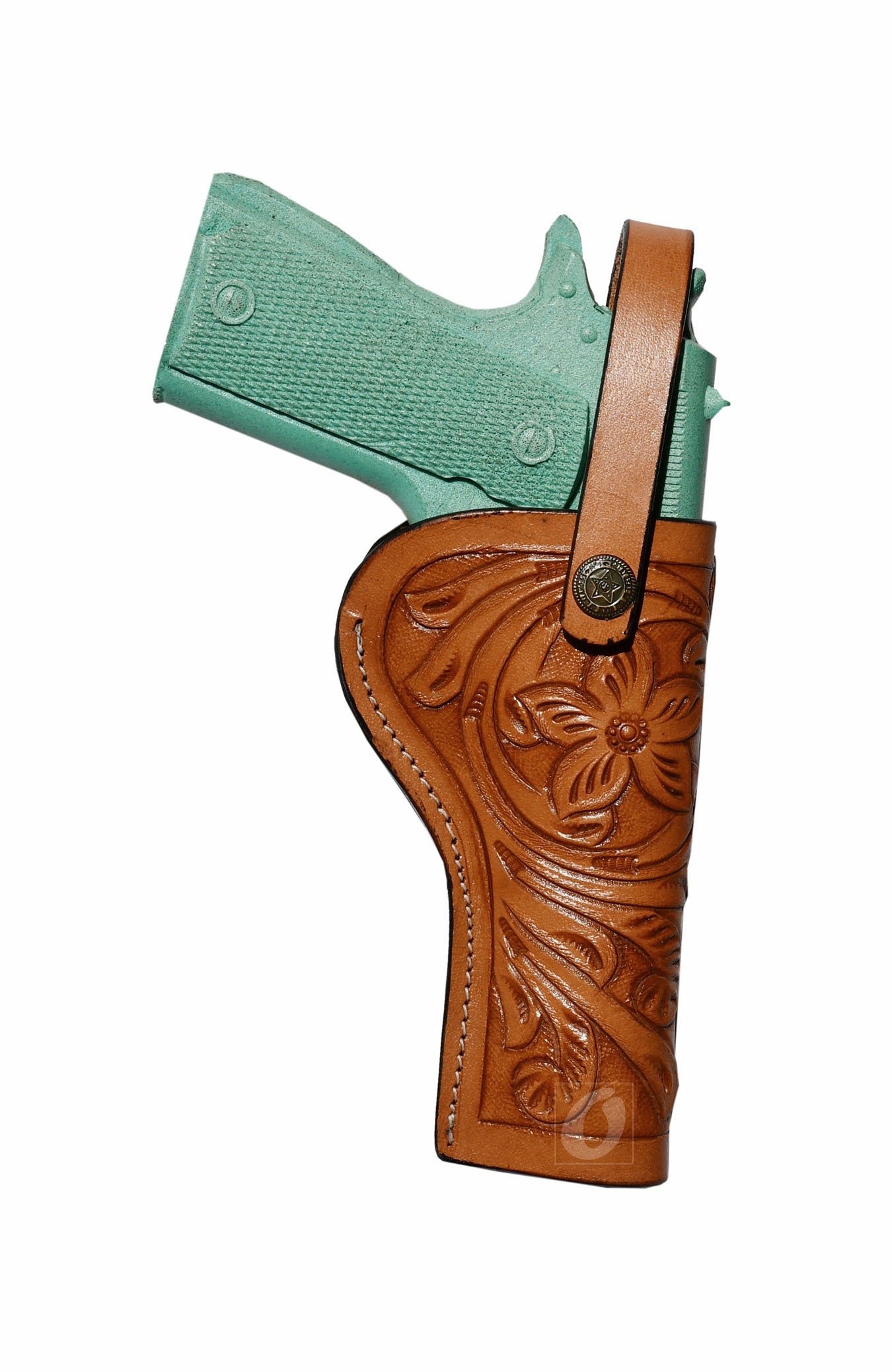 Right-handed tan 1911 holster in full-grain leather, featuring hand-tooled floral patterns for a rugged, Western aesthetic.