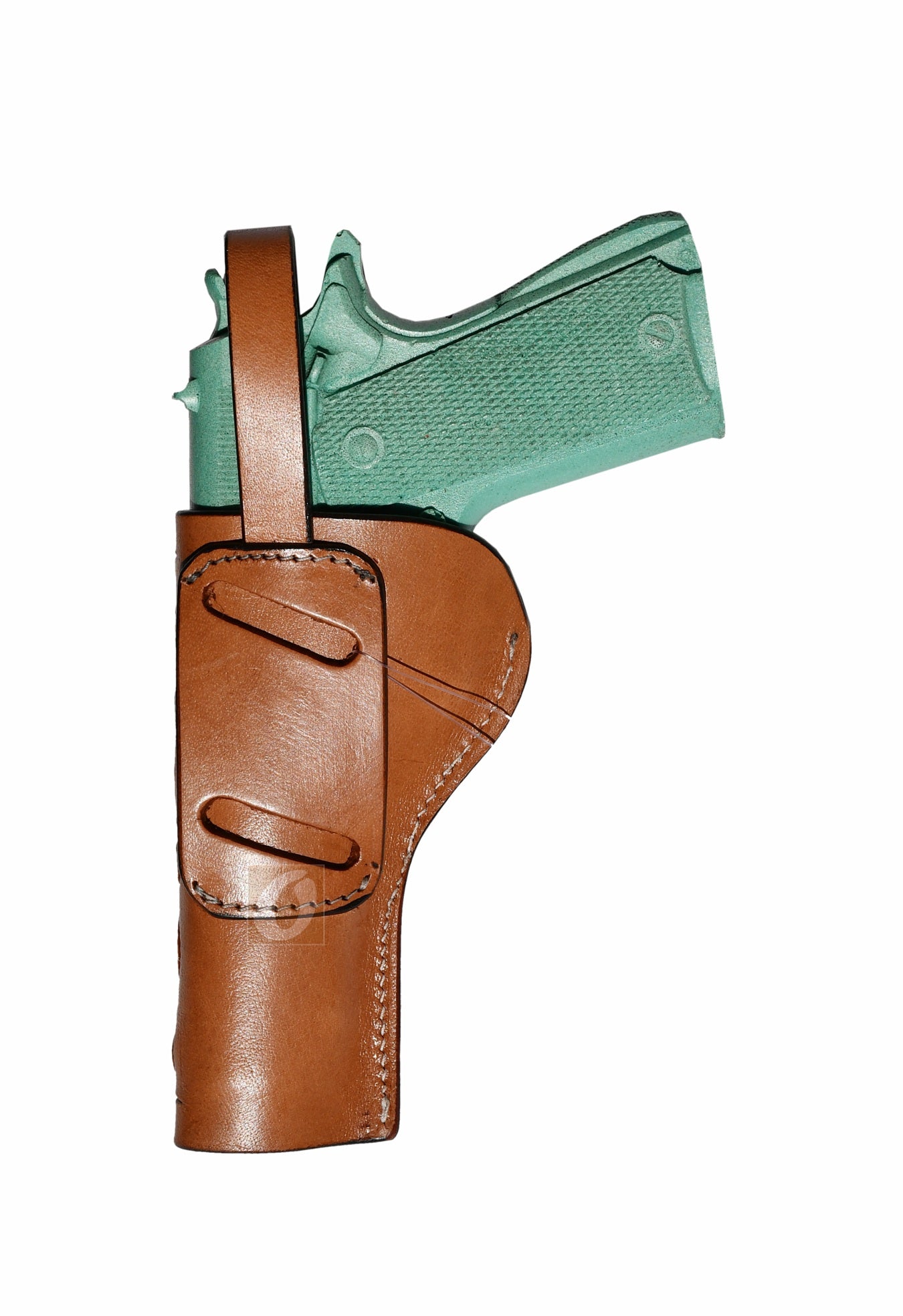 Backside of a concealed carry leather holster for 1911, built for secure outside the waistband (OWB) carry.