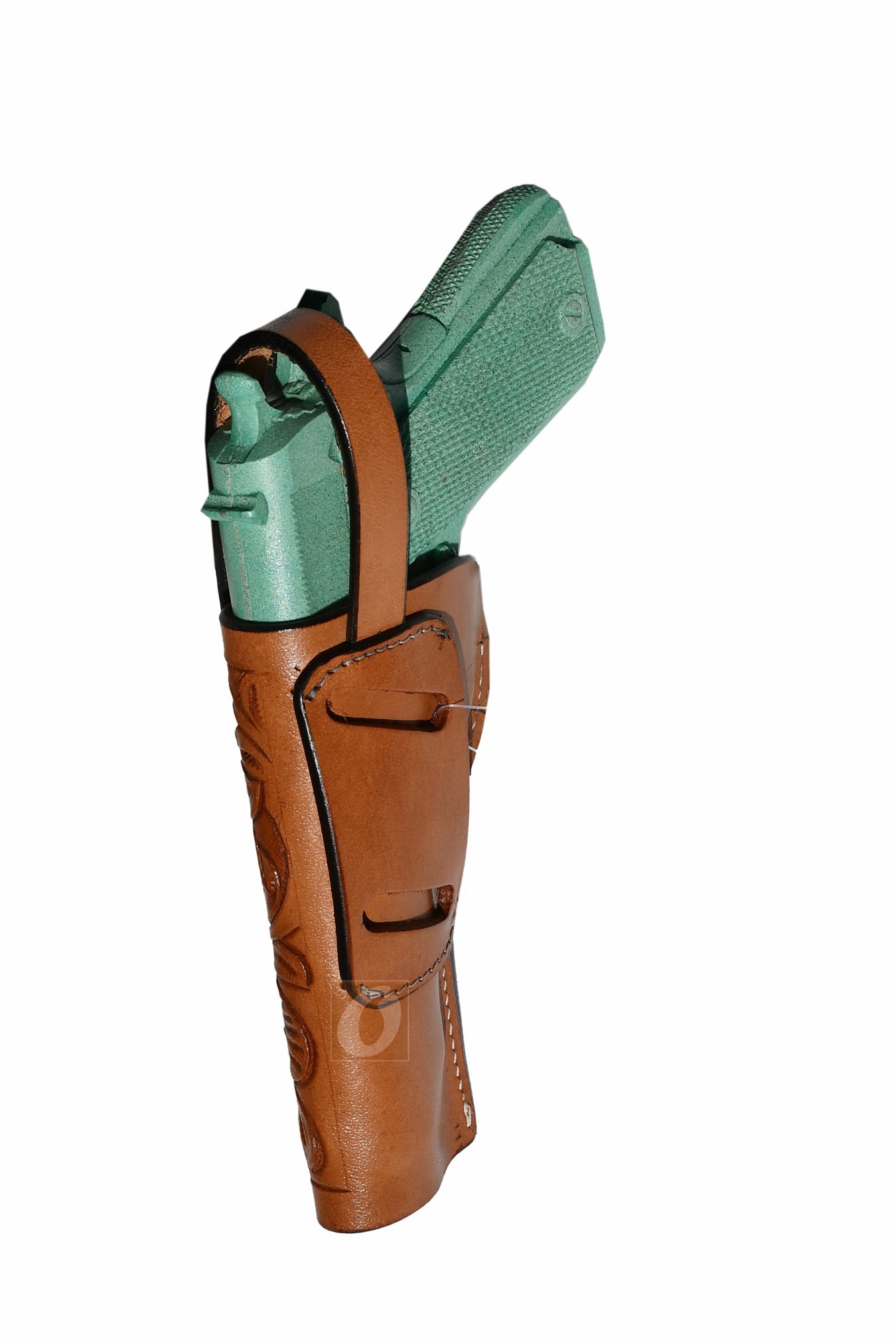 Side shot of a custom 1911 leather holster, designed for all-day comfort and retention.