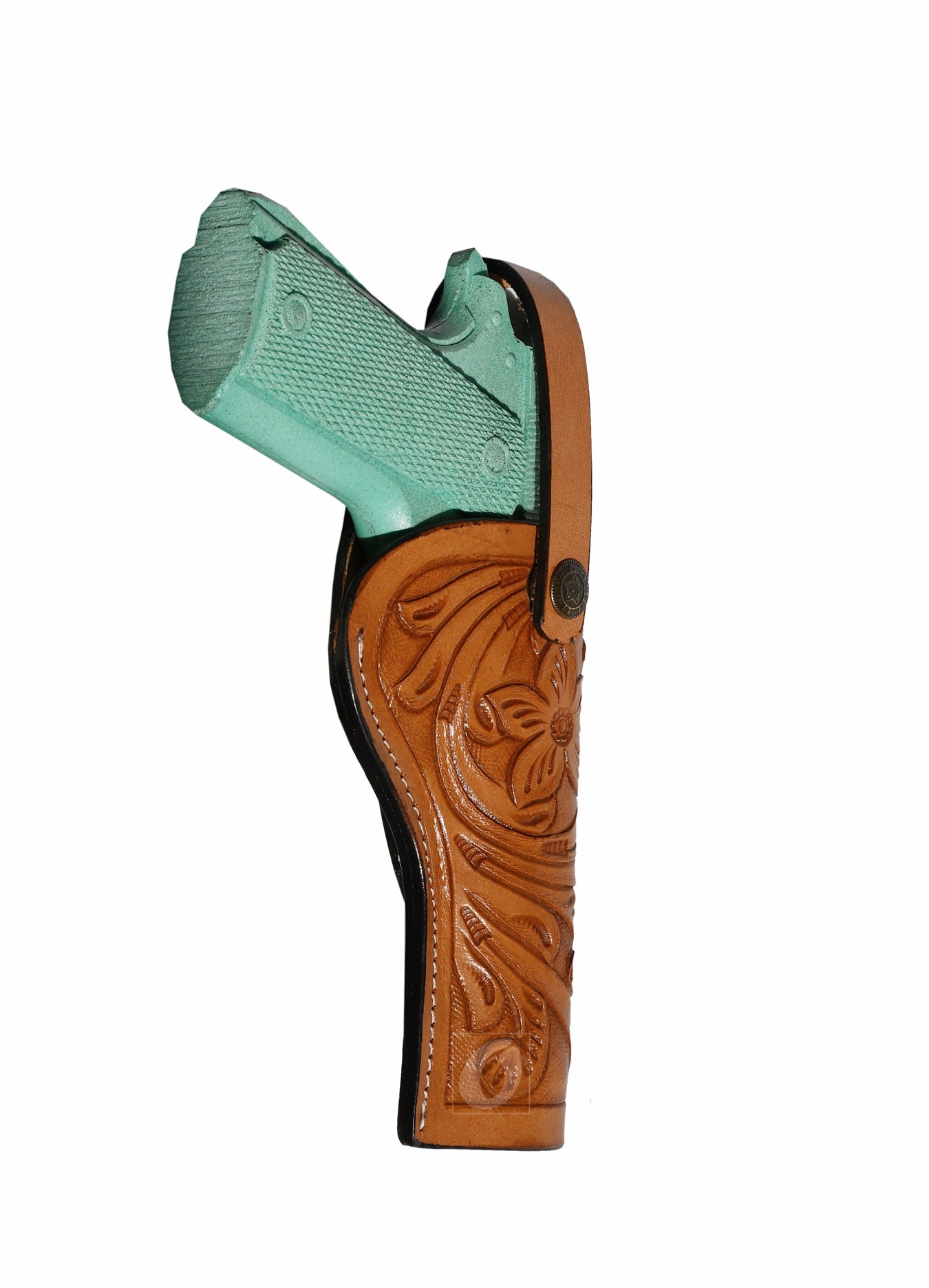 Angled view of a hand-tooled tan 1911 OWB holster, perfect for cowboy action shooting and everyday carry.