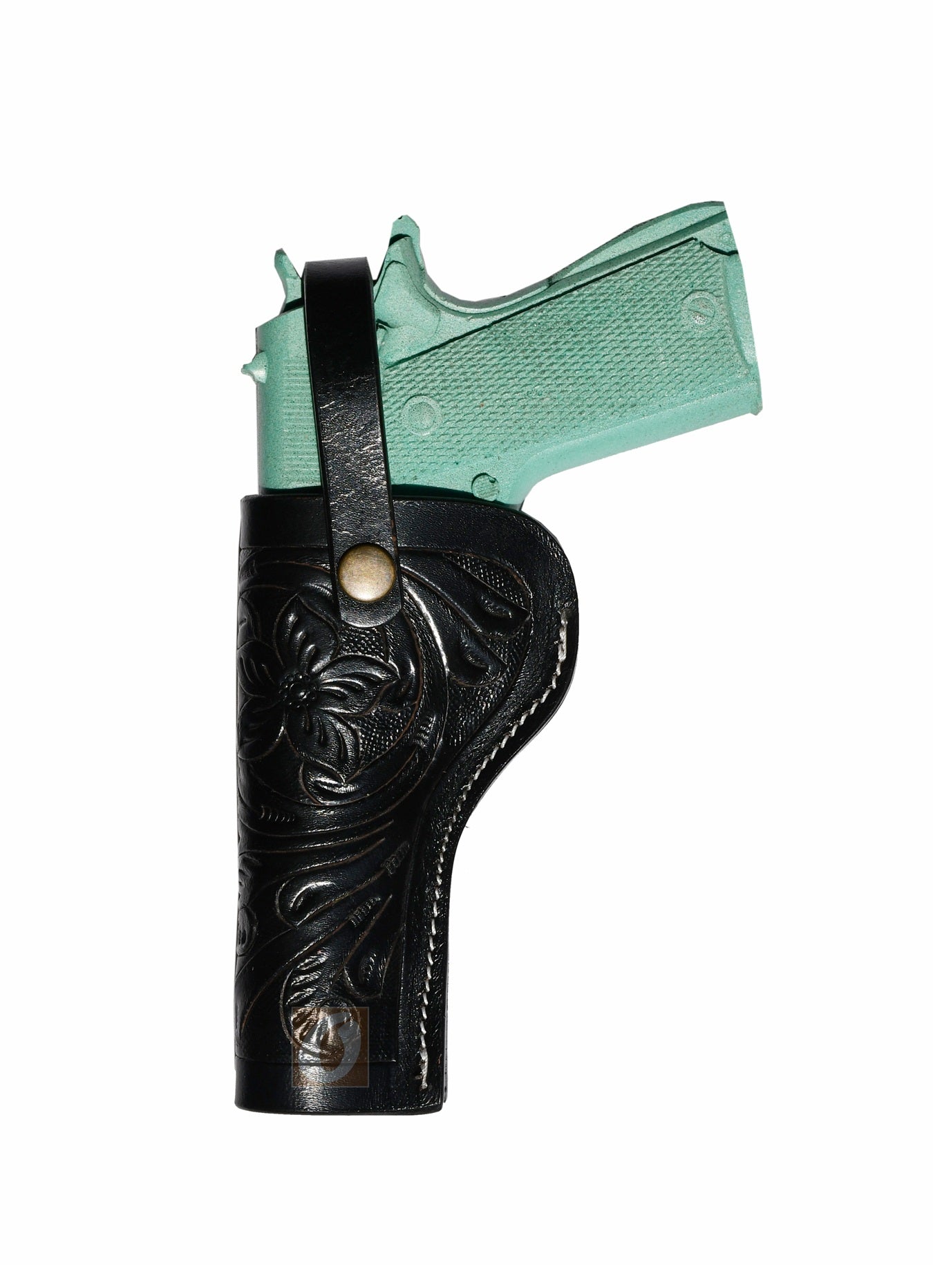 Left-handed black floral tooled 1911 leather holster, crafted for secure OWB carry with premium leather.