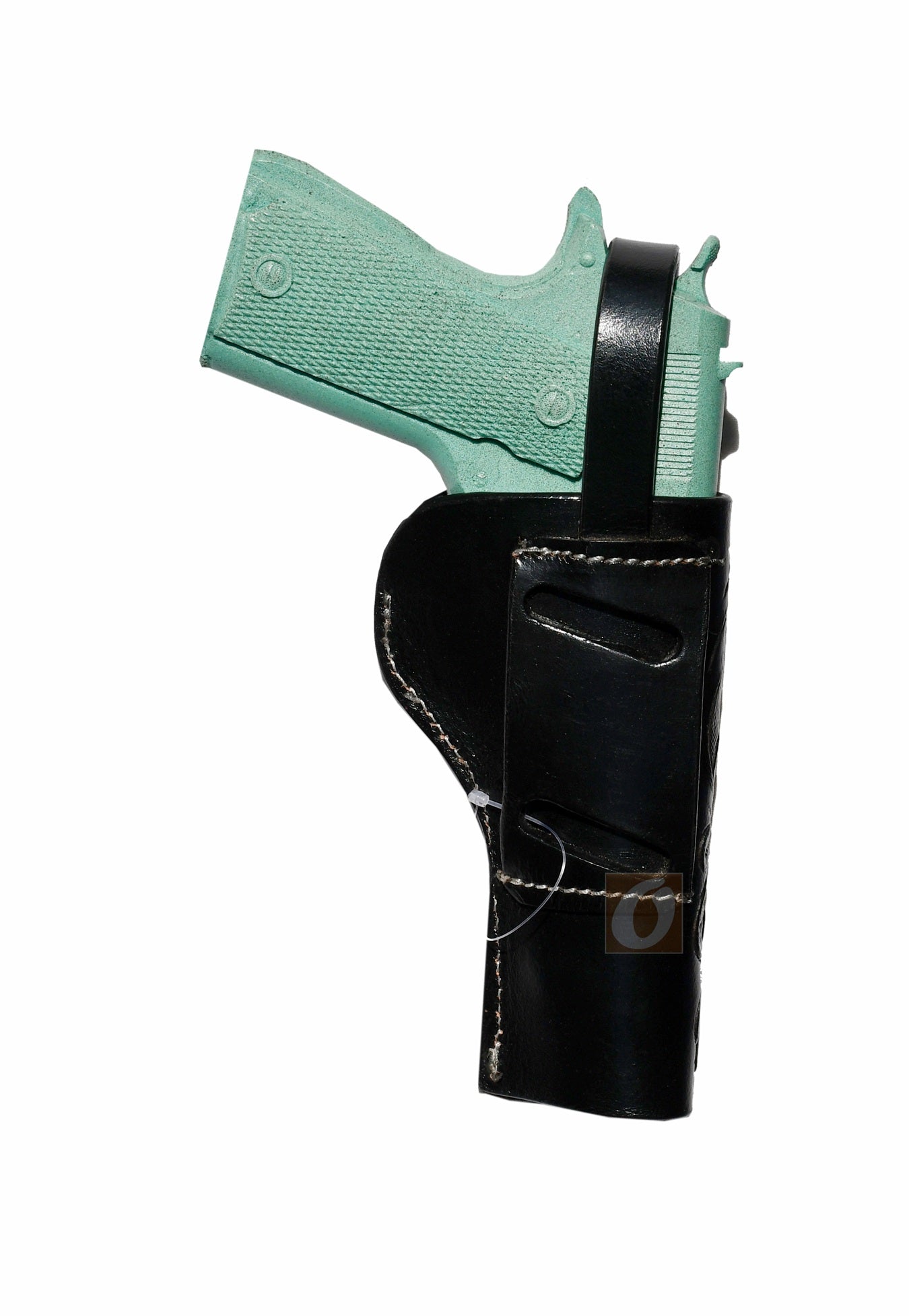 Rear shot of a left-hand handmade leather holster for 1911, featuring floral engraving and reinforced belt slots.