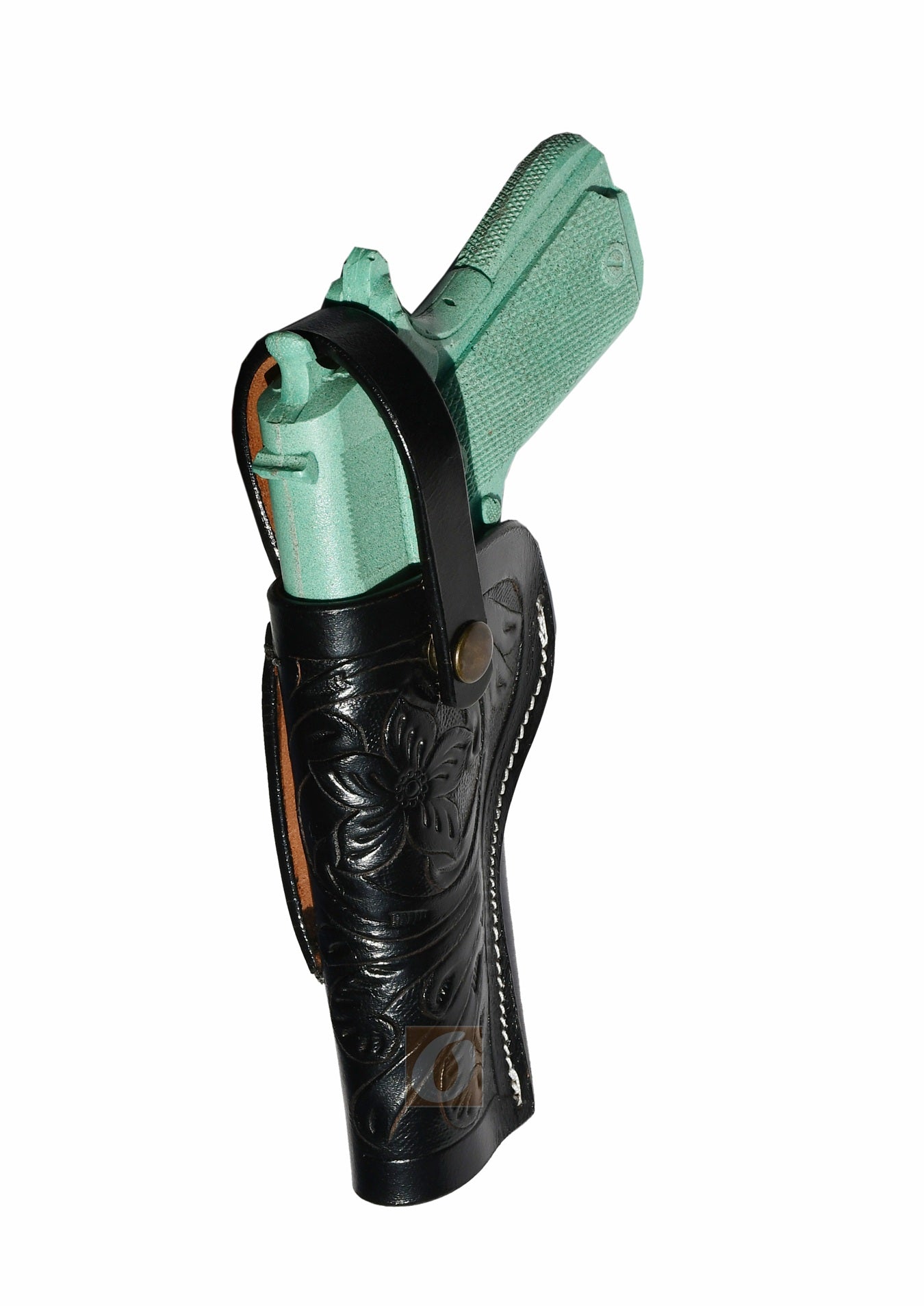 Angled perspective of a black OWB 1911 holster, made with thick leather for long-term durability.