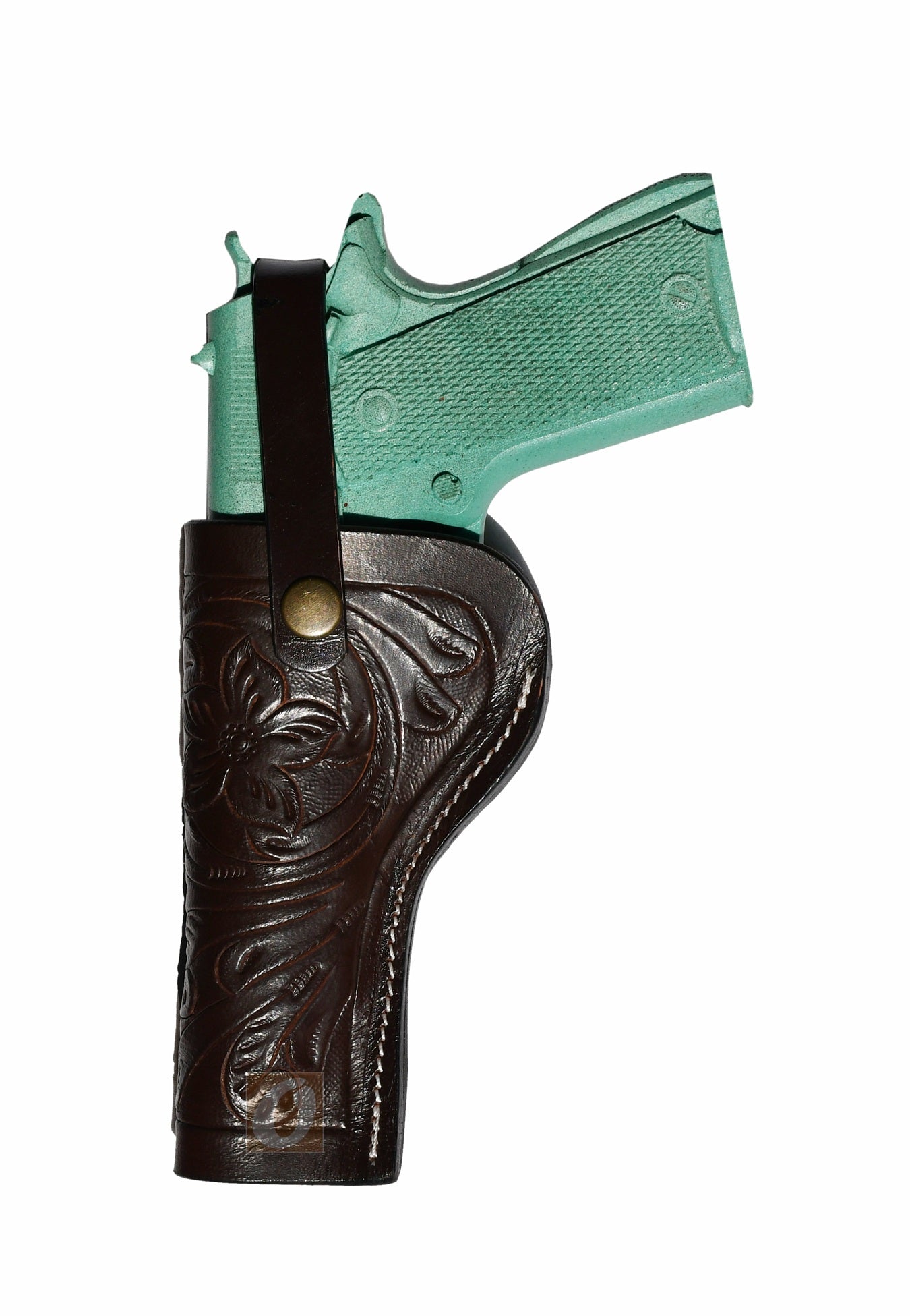 Left-handed brown outside the waistband 1911 holster, featuring deep floral tooling and premium full-grain leather.