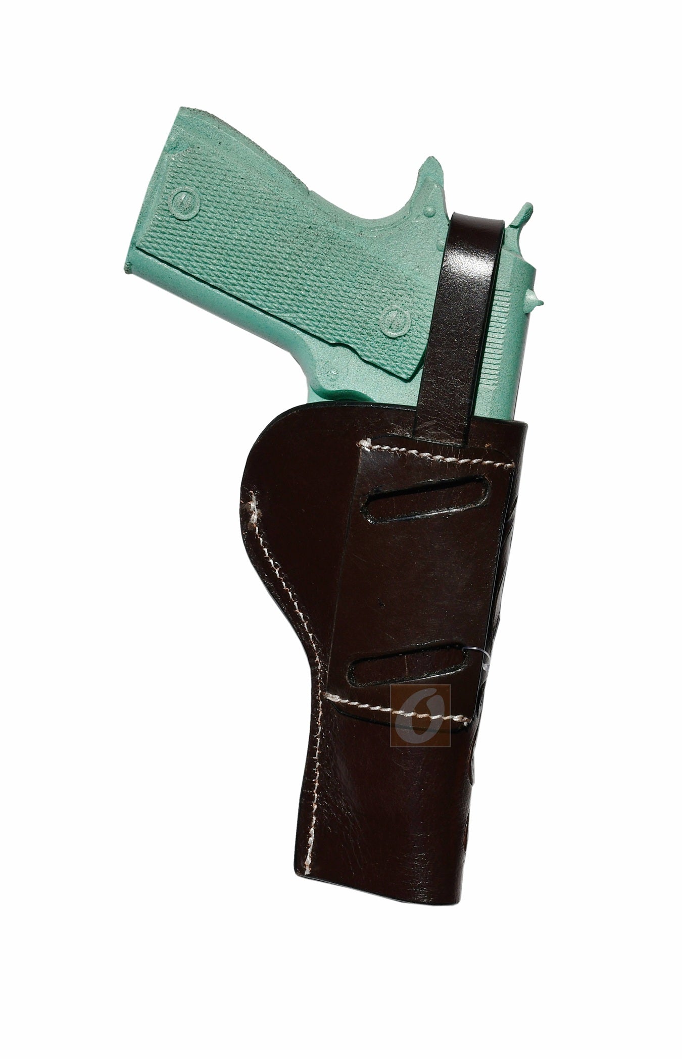 Back view of a left-hand leather holster for 1911, designed for concealed or open carry.