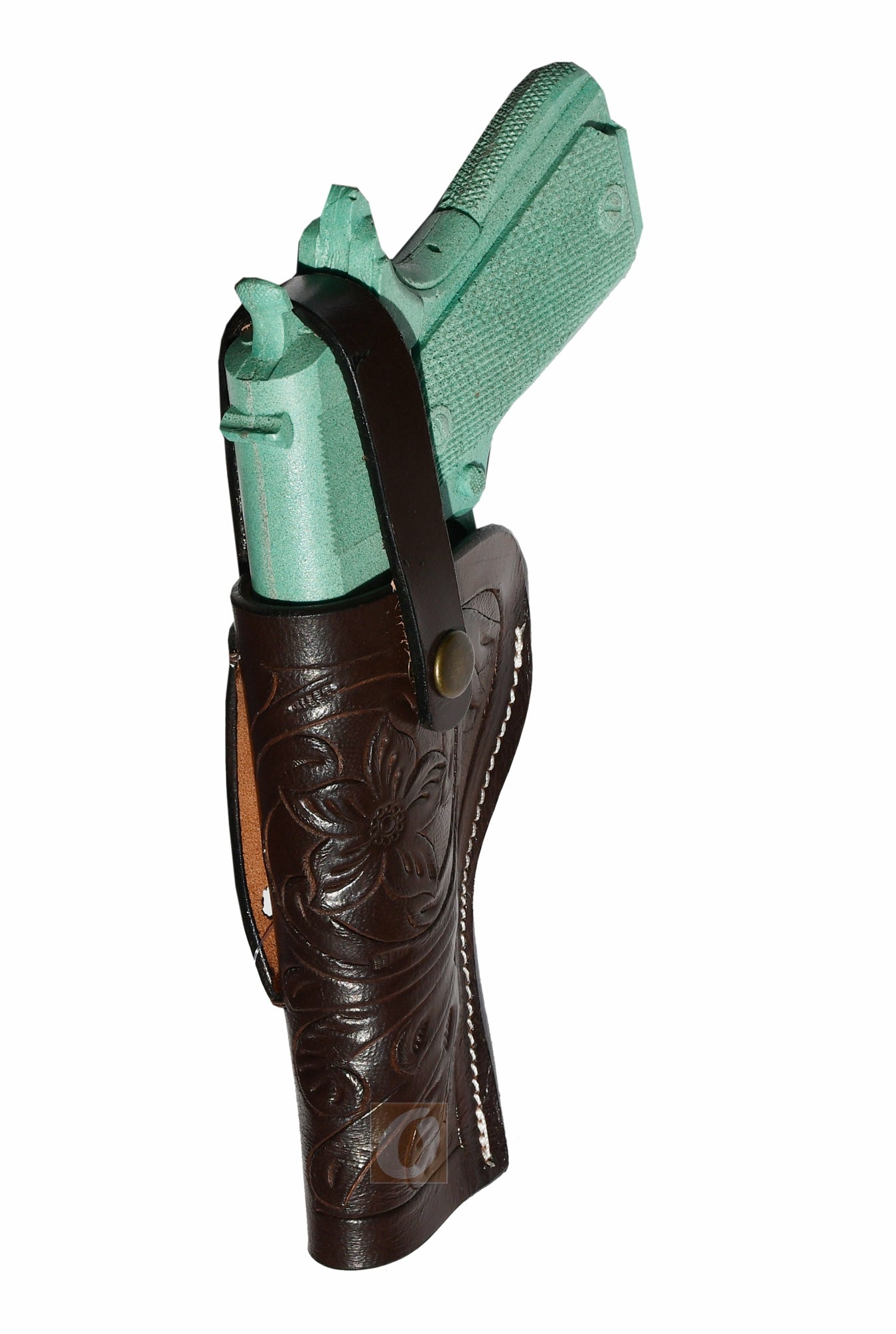 Side profile of a handmade 1911 holster, offering precision molding and reinforced stitching.