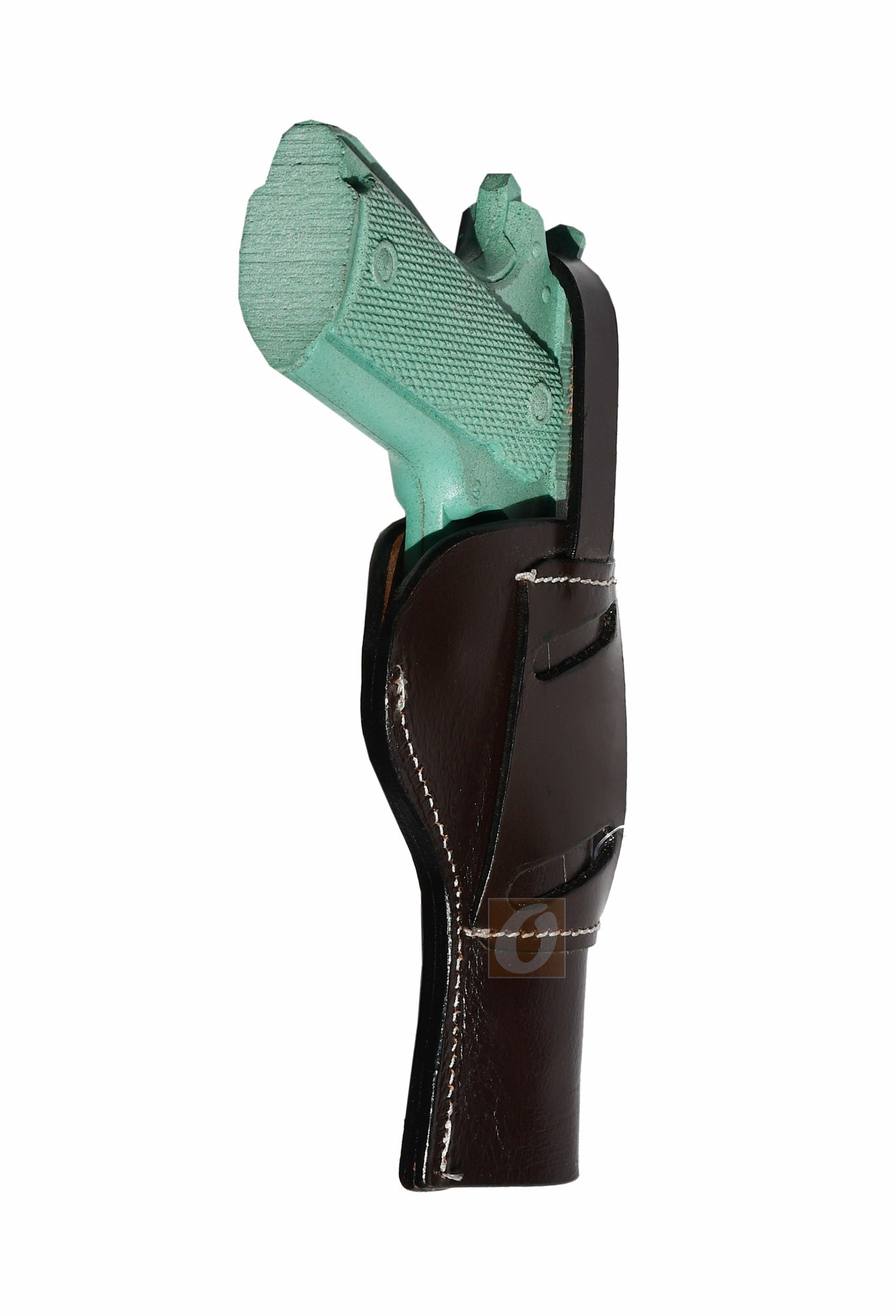 Angled view of a custom brown OWB 1911 holster, built for comfort, retention, and a traditional Western look.
