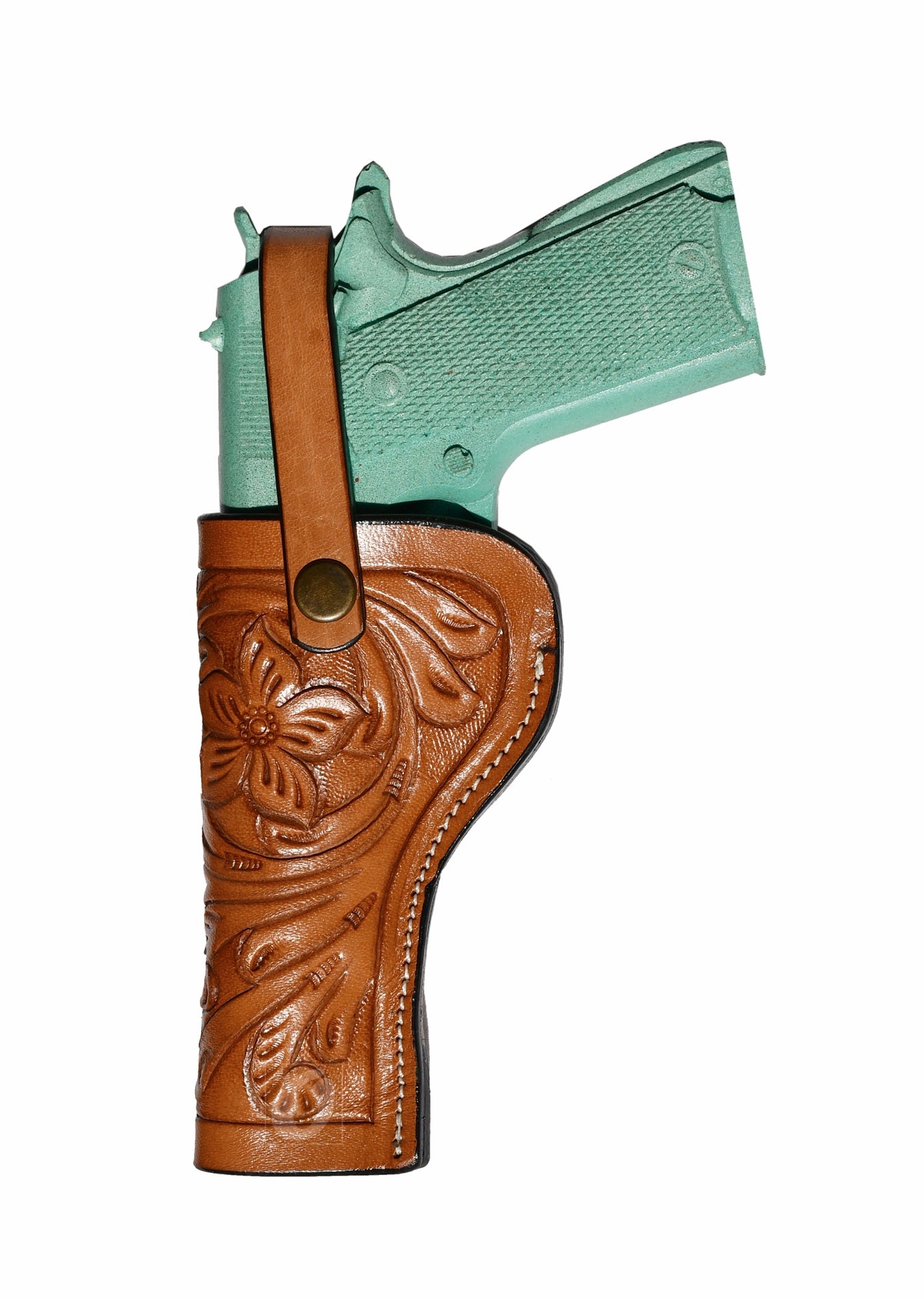 Left-handed tan leather holster for 1911, perfect for OWB carry, cowboy action shooting, or everyday open carry.