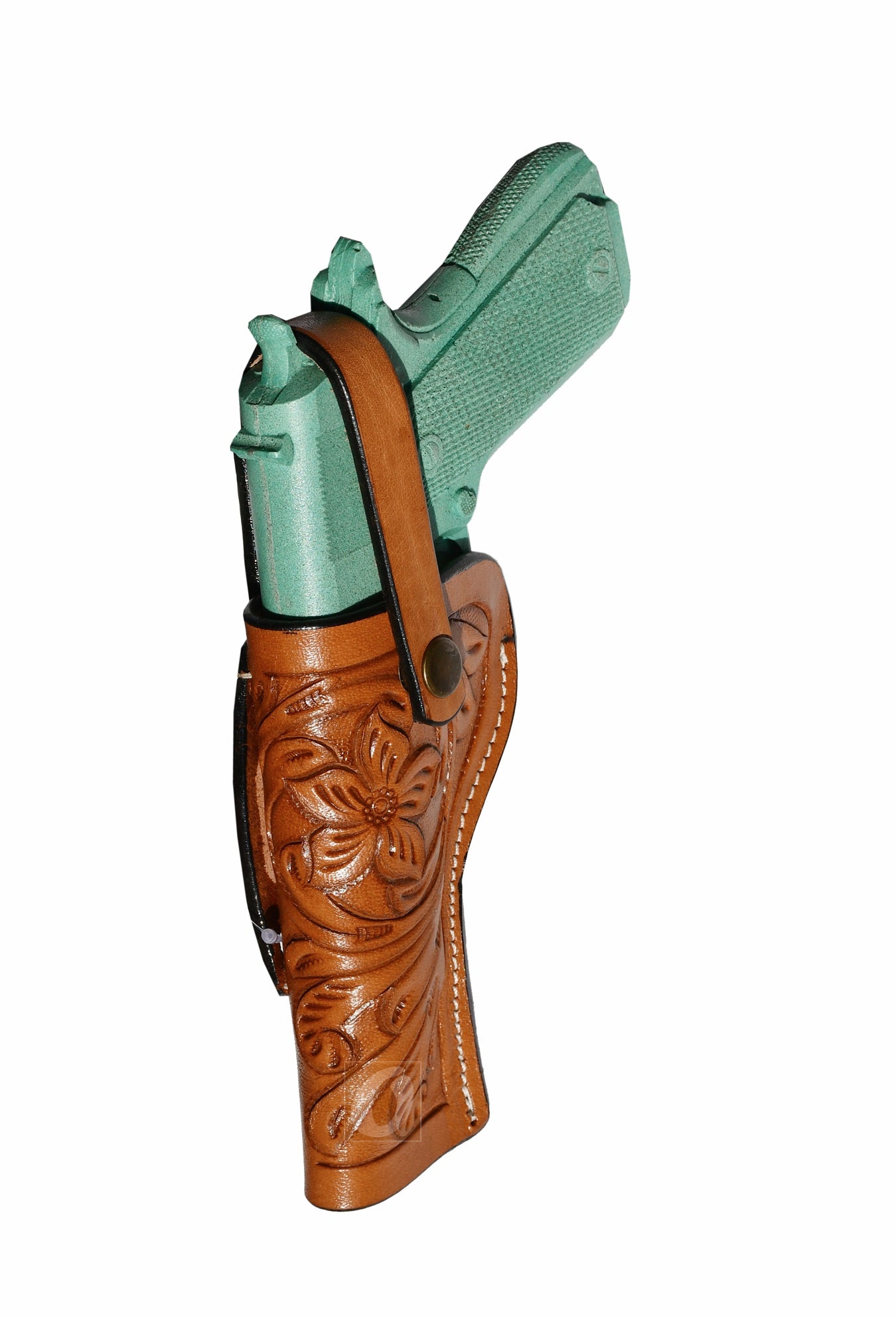Side perspective of a Western-style tan 1911 holster, crafted for security and accessibility.