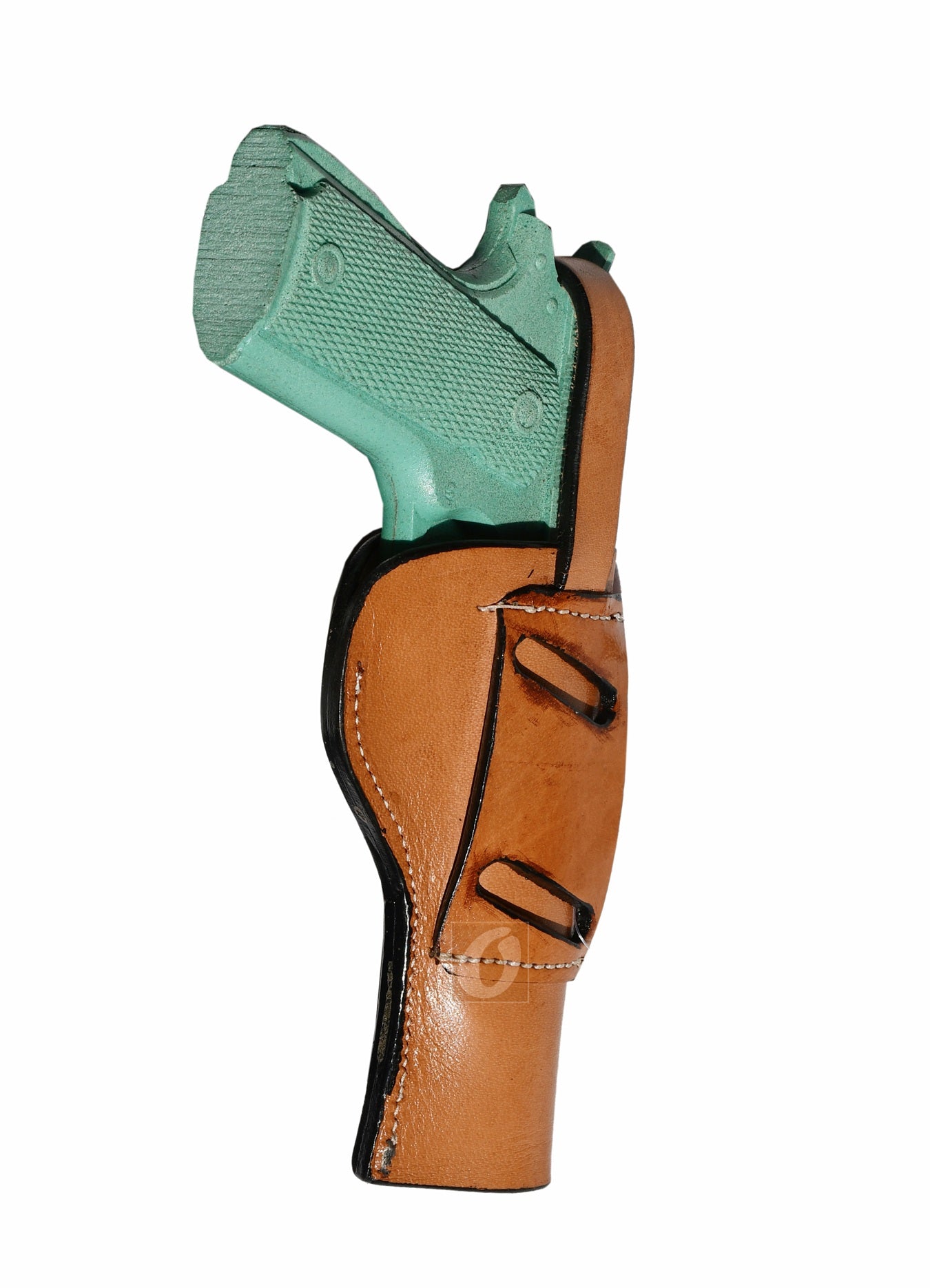 Angled shot of a handmade leather 1911 OWB holster, featuring detailed tooling and a secure belt loop.