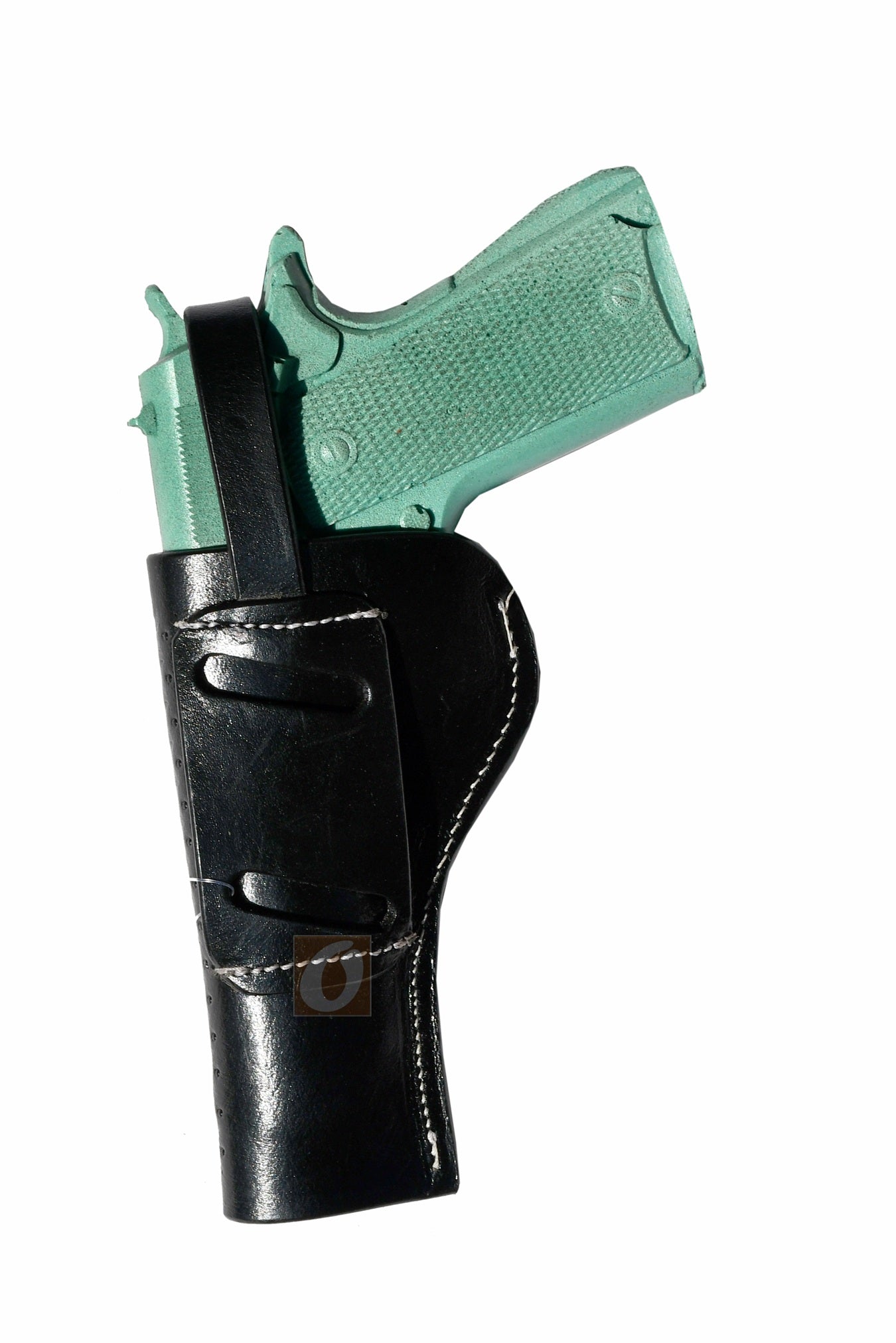 Right-hand outside the waistband 1911 holster in black leather, featuring hand-tooled sea shell patterns, reinforced stitching, and a durable belt loop for stability.