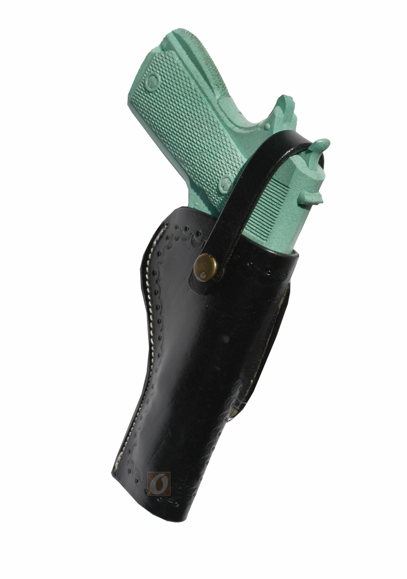 Angled shot of a handmade 1911 holster in black, featuring premium leather craftsmanship, strong retention, and intricate tooling.
