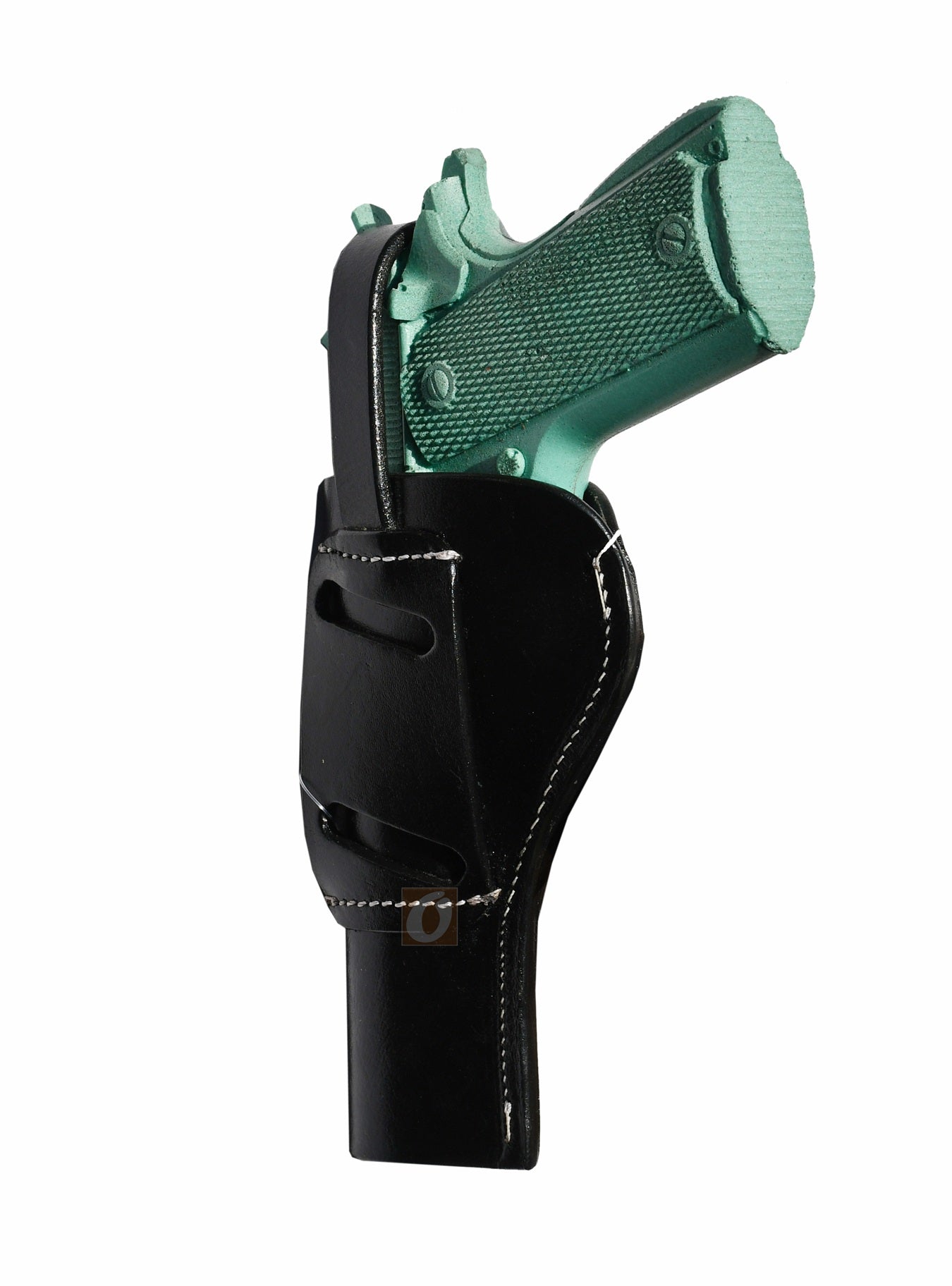 Side view of a custom leather 1911 holster with deep shell tooling, designed for quick draw and comfortable concealed or open carry.