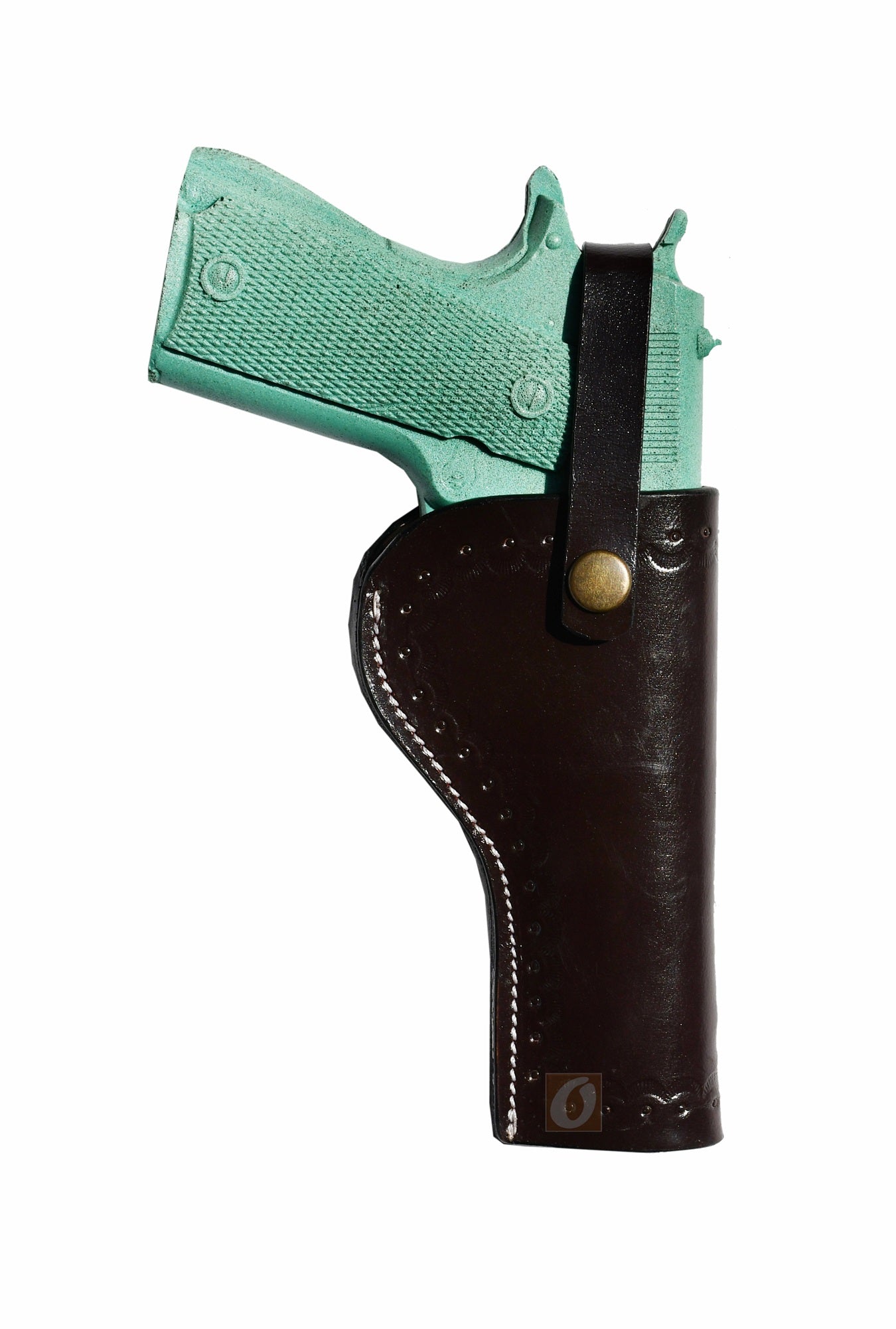 Right-handed brown leather holster for 1911, featuring Western-style sea shell tooling for durability and style. Perfect for concealed carry or OWB use.